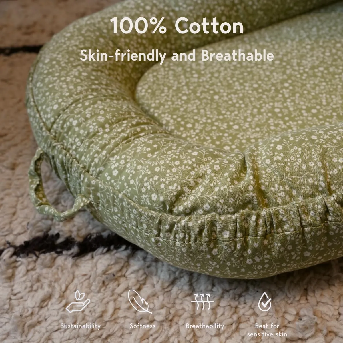 Infant Lounger, Baby Nest Cover for Baby Girls & Boys, Newborn Essentials for Baby 0-12 Months, 100% Cotton Breathable, Portable Travel Bed (Green_Wonder, Cotton_Muslin)