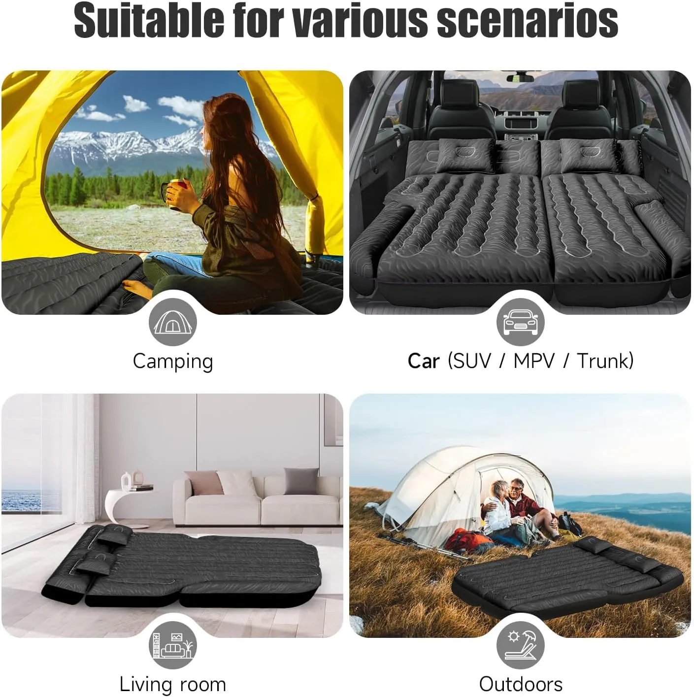 Inflatable SUV Air Mattress Bed Car Mattress for SUV, Double-Sided Flocking Travel Camping Bed Car Air Mattress, Car Sleeping Mattress Bed for Universal SUV with Car Air Pump 2 Pillows