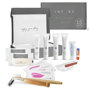 Infuse Amenity & Accessory Kit | 1 oz Travel Size Shampoo, Conditioner, Lotion, Body Wash, 2 Cleansing Bars, Shave & Dental Sets, Make-Up Remover Wipes, & Vanity Kit | 15 sets per case