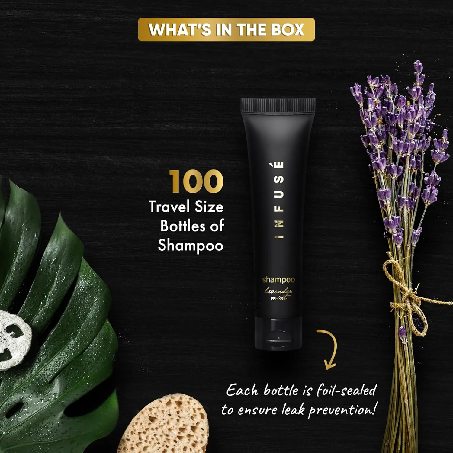 Infuse Black Hotel Toiletries Bulk | 1 oz Shampoo Travel Size | For Hotels, Vacation Rentals, Gym, Luxury, Airport | Case of 100