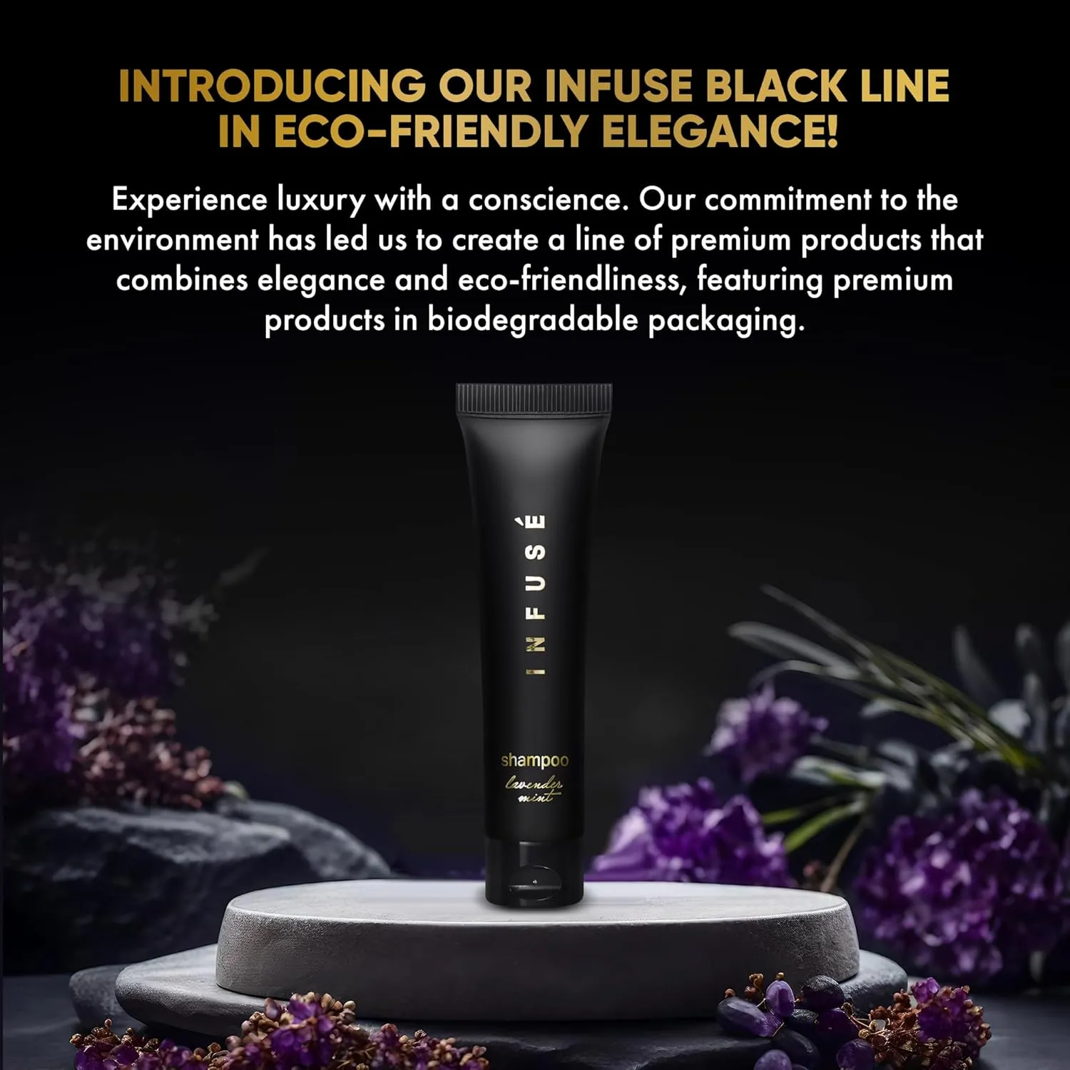 Infuse Black Hotel Toiletries Bulk | 1 oz Shampoo Travel Size | For Hotels, Vacation Rentals, Gym, Luxury, Airport | Case of 100