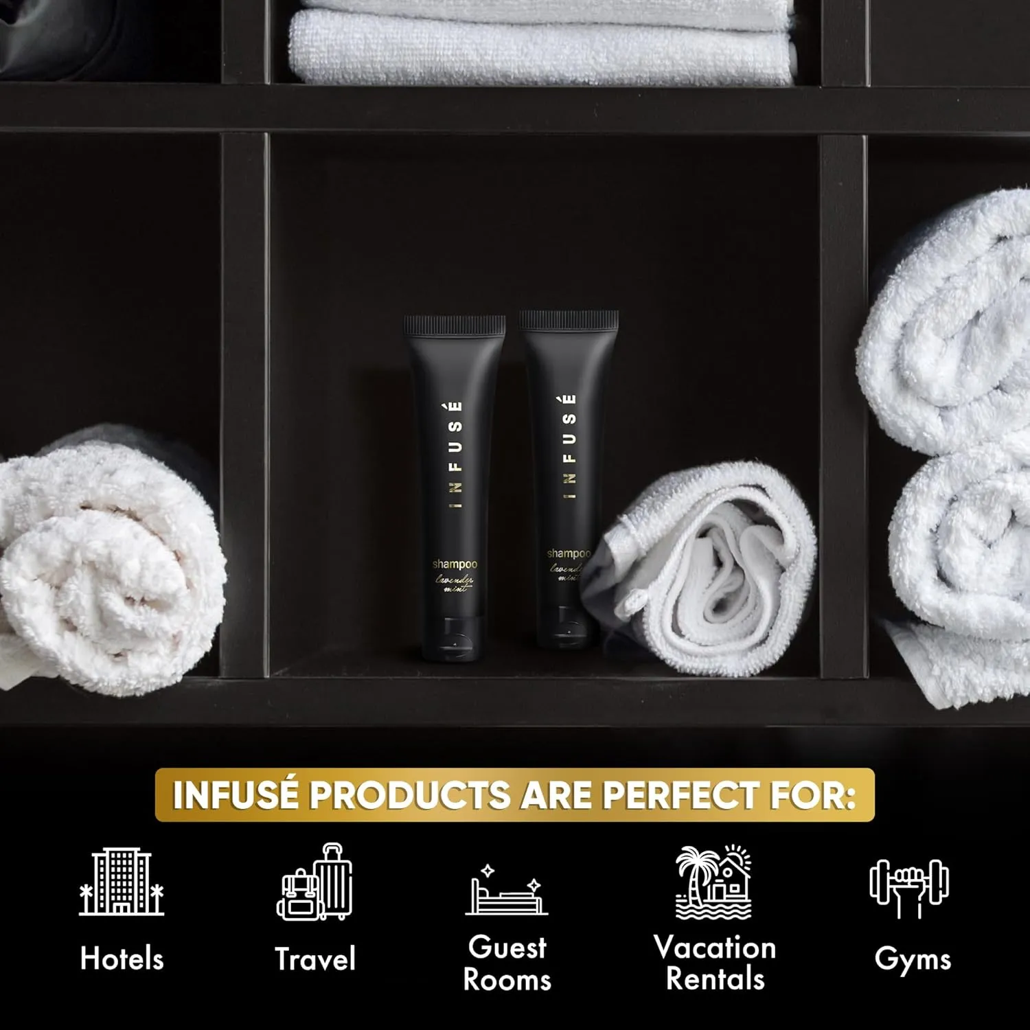Infuse Black Hotel Toiletries Bulk | 1 oz Shampoo Travel Size | For Hotels, Vacation Rentals, Gym, Luxury, Airport | Case of 100