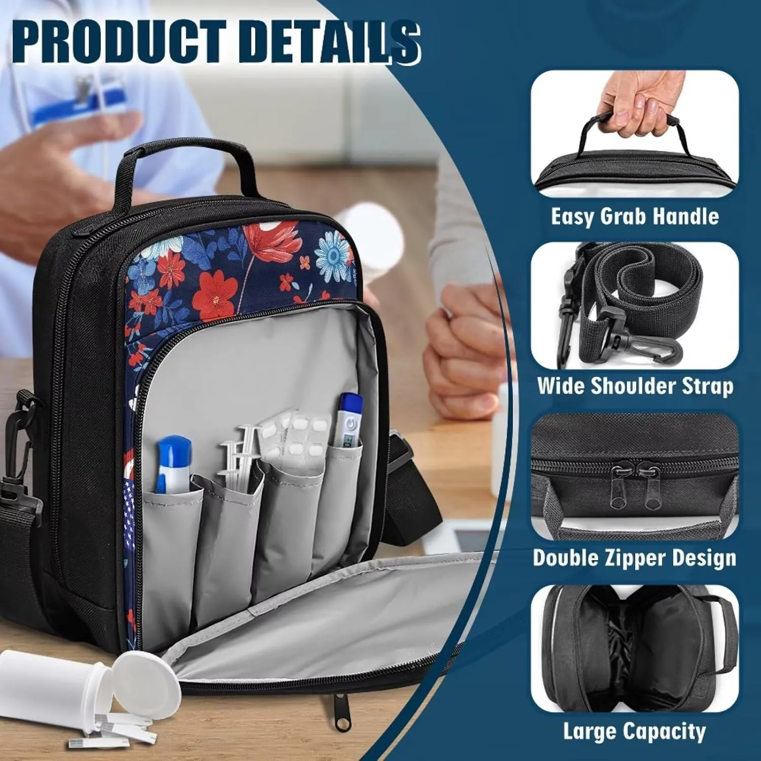 Insulin Travel Case, American Flag Diabetes Bag for Supplies with Shoulder Strap for Glucose Meter and Diabetic Supplies