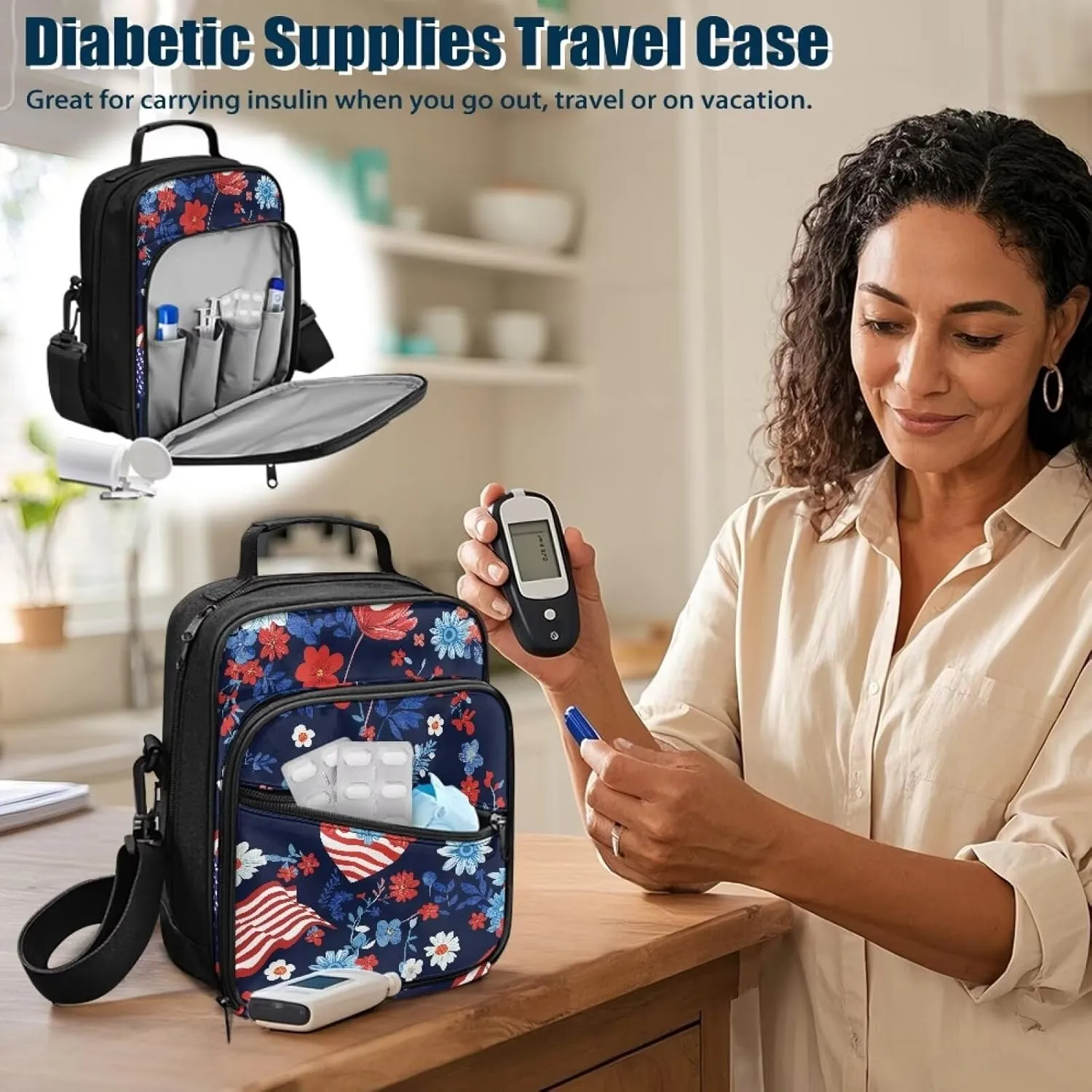 Insulin Travel Case, American Flag Diabetes Bag for Supplies with Shoulder Strap for Glucose Meter and Diabetic Supplies