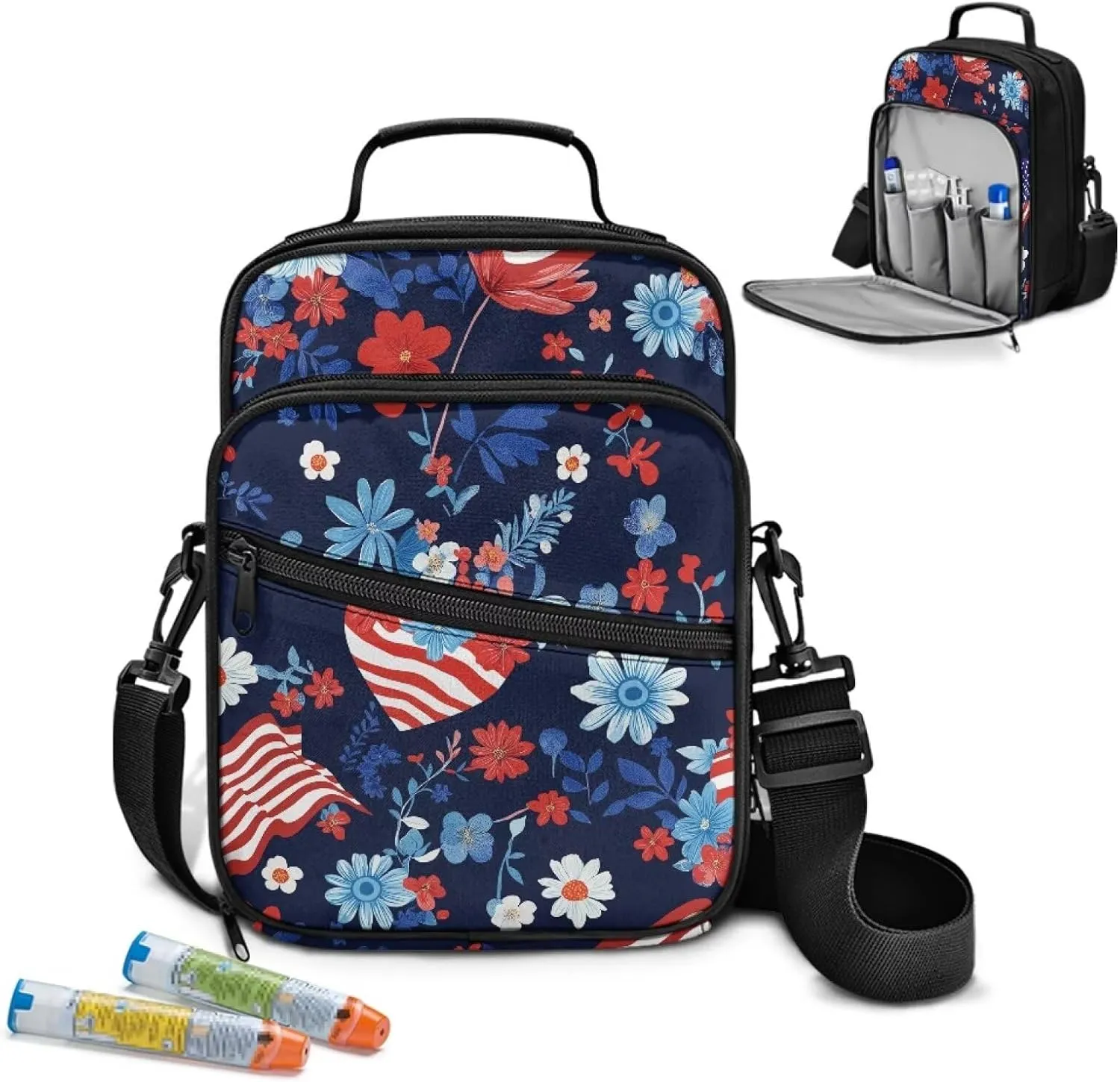 Insulin Travel Case, American Flag Diabetes Bag for Supplies with Shoulder Strap for Glucose Meter and Diabetic Supplies