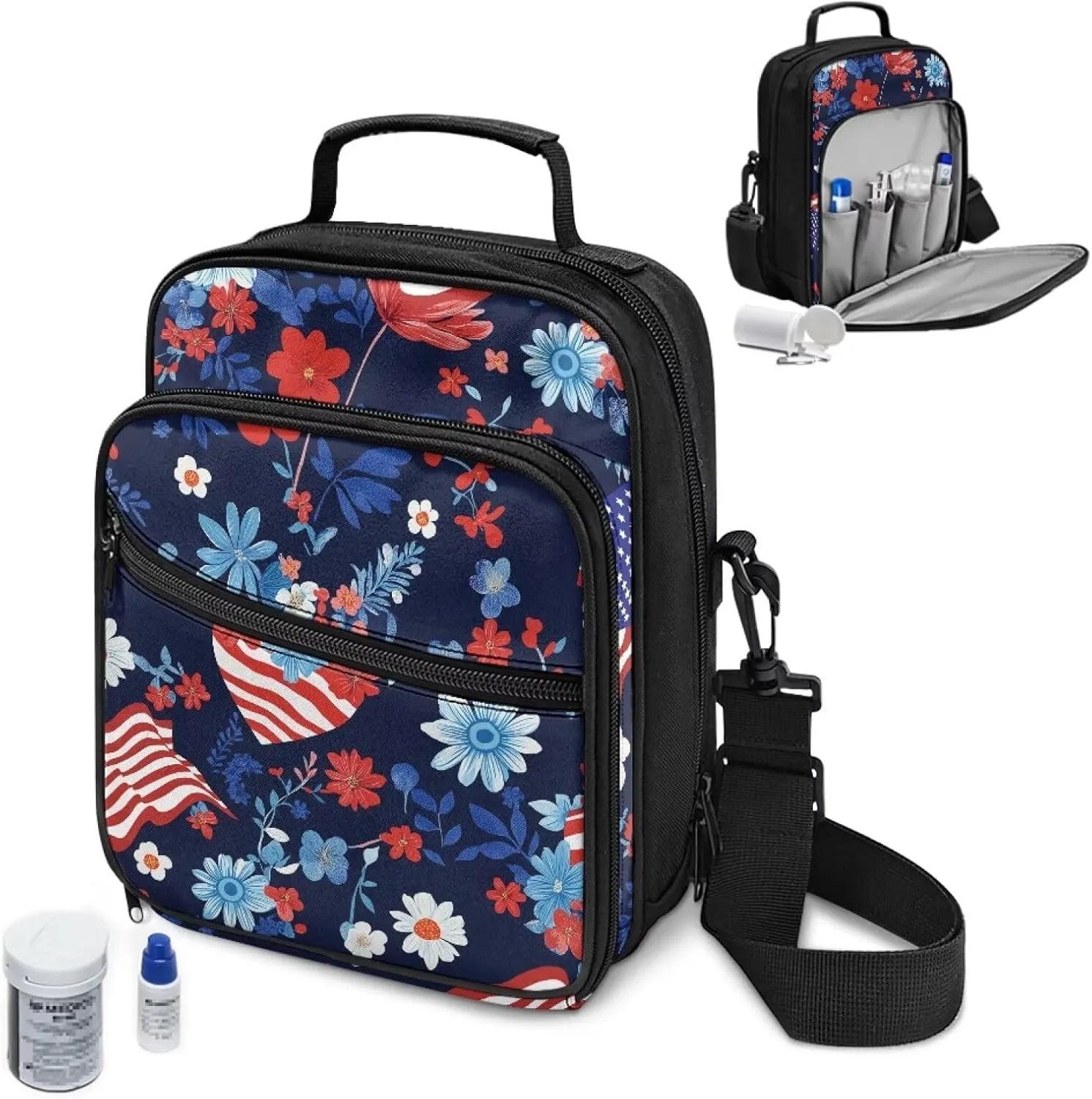 Insulin Travel Case, American Flag Diabetes Bag for Supplies with Shoulder Strap for Glucose Meter and Diabetic Supplies