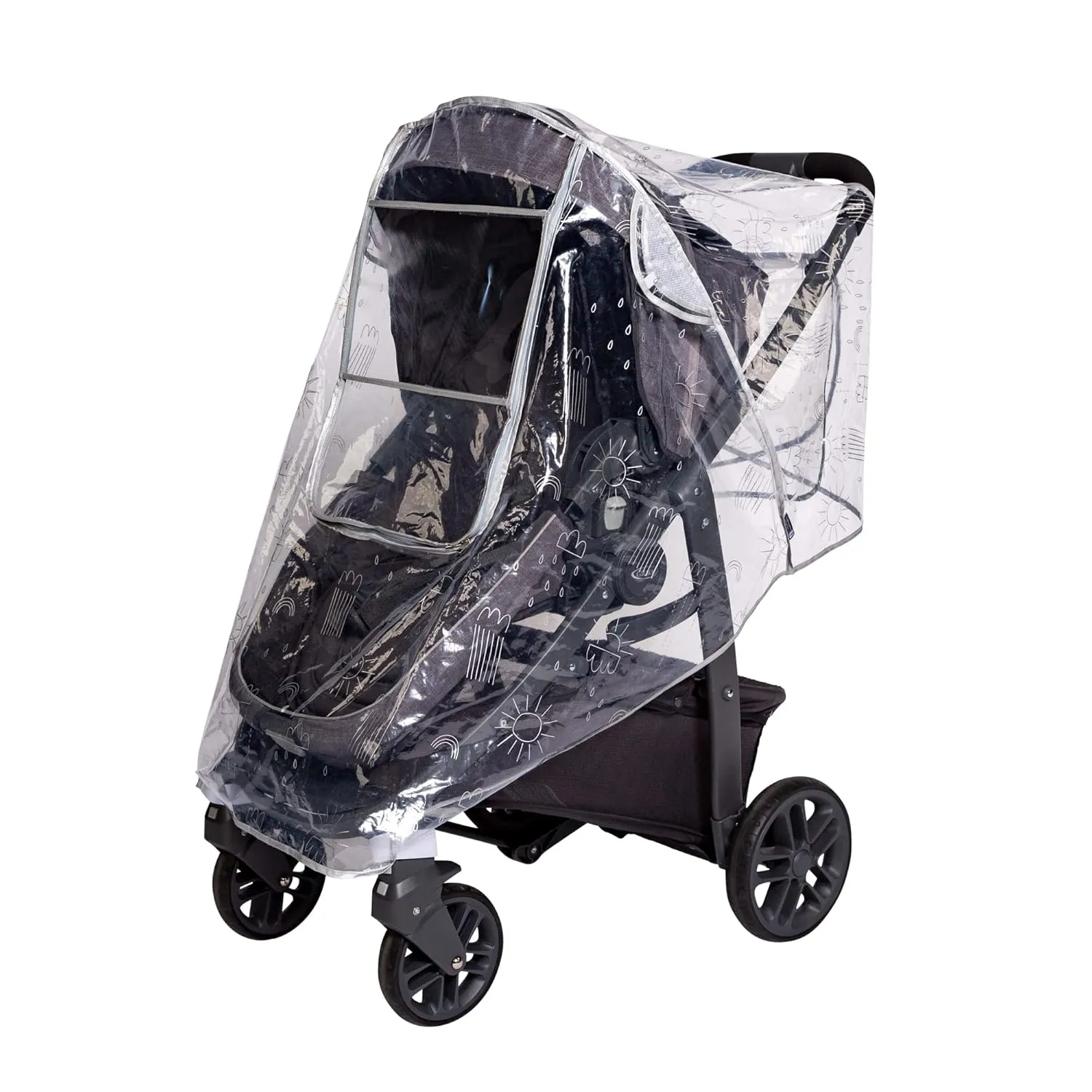 J.L. Childress Deluxe Stroller Rain Cover - Universal Stroller Poncho - Clear with Adorable Printed Pattern - Stroller Accessory for Weather Protection