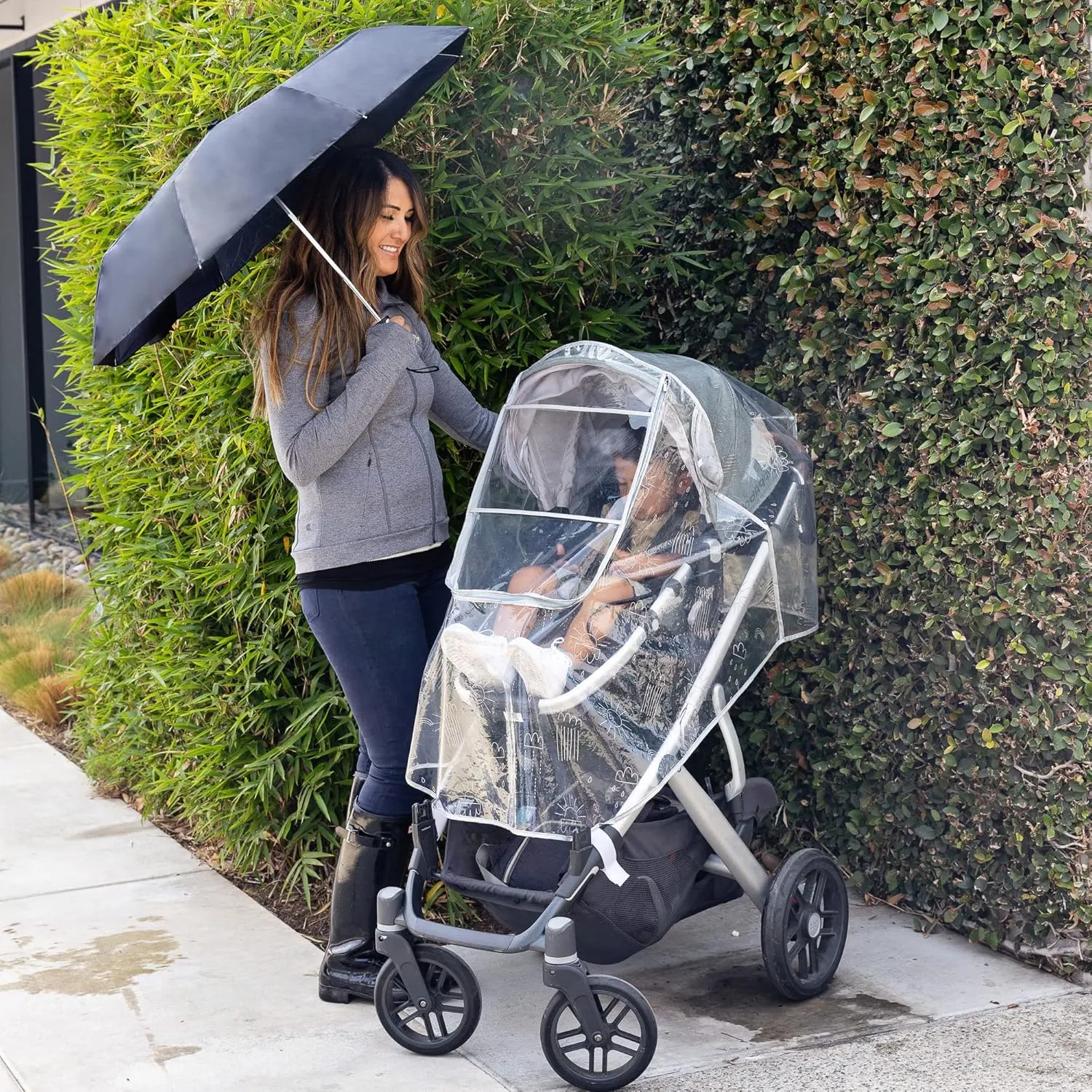 J.L. Childress Deluxe Stroller Rain Cover - Universal Stroller Poncho - Clear with Adorable Printed Pattern - Stroller Accessory for Weather Protection