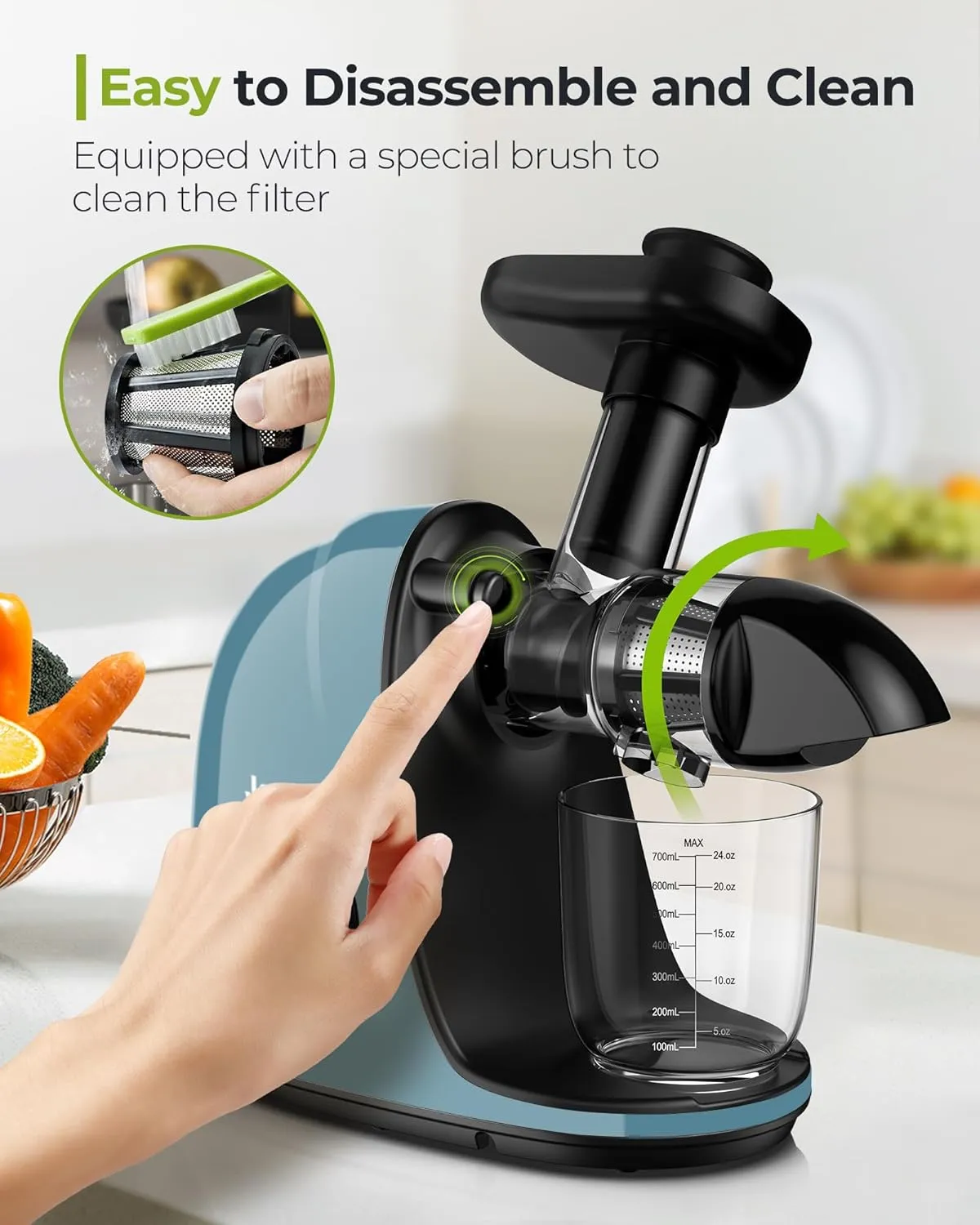 Jocuu Slow Masticating Juicer with 2-Speed Modes - Cold Press Juicer Machine - Quiet Motor & Reverse Function - Easy to Clean Juicer Extractor - Juice Recipes for Fruits & Vegetables (Dark Green)
