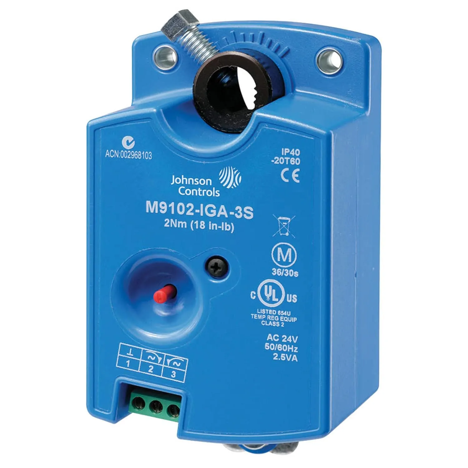 Johnson Controls M9104-IGA-3S Series M9104 Electric Non-Spring-Return Actuator, Floating or On/Off Control, 4 Nm Torque, M3 Screw Terminals