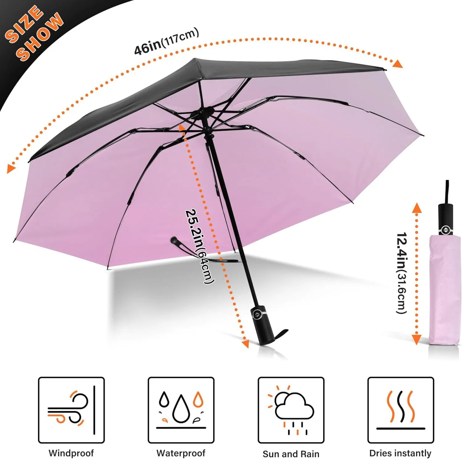 Joisal Violet Slate Blue Gradient Travel Umbrella Windproof Travel Black Uv Protection Umbrella Portable Umbrella Automatic Open and Close for Rain and Sun
