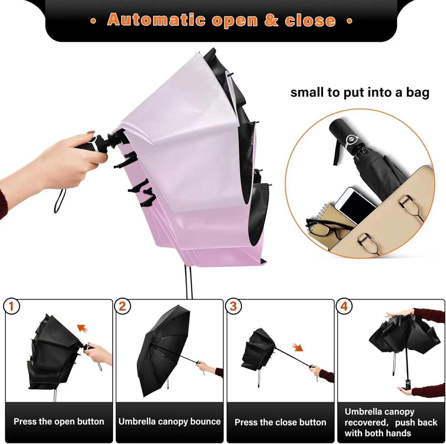 Joisal Violet Slate Blue Gradient Travel Umbrella Windproof Travel Black Uv Protection Umbrella Portable Umbrella Automatic Open and Close for Rain and Sun