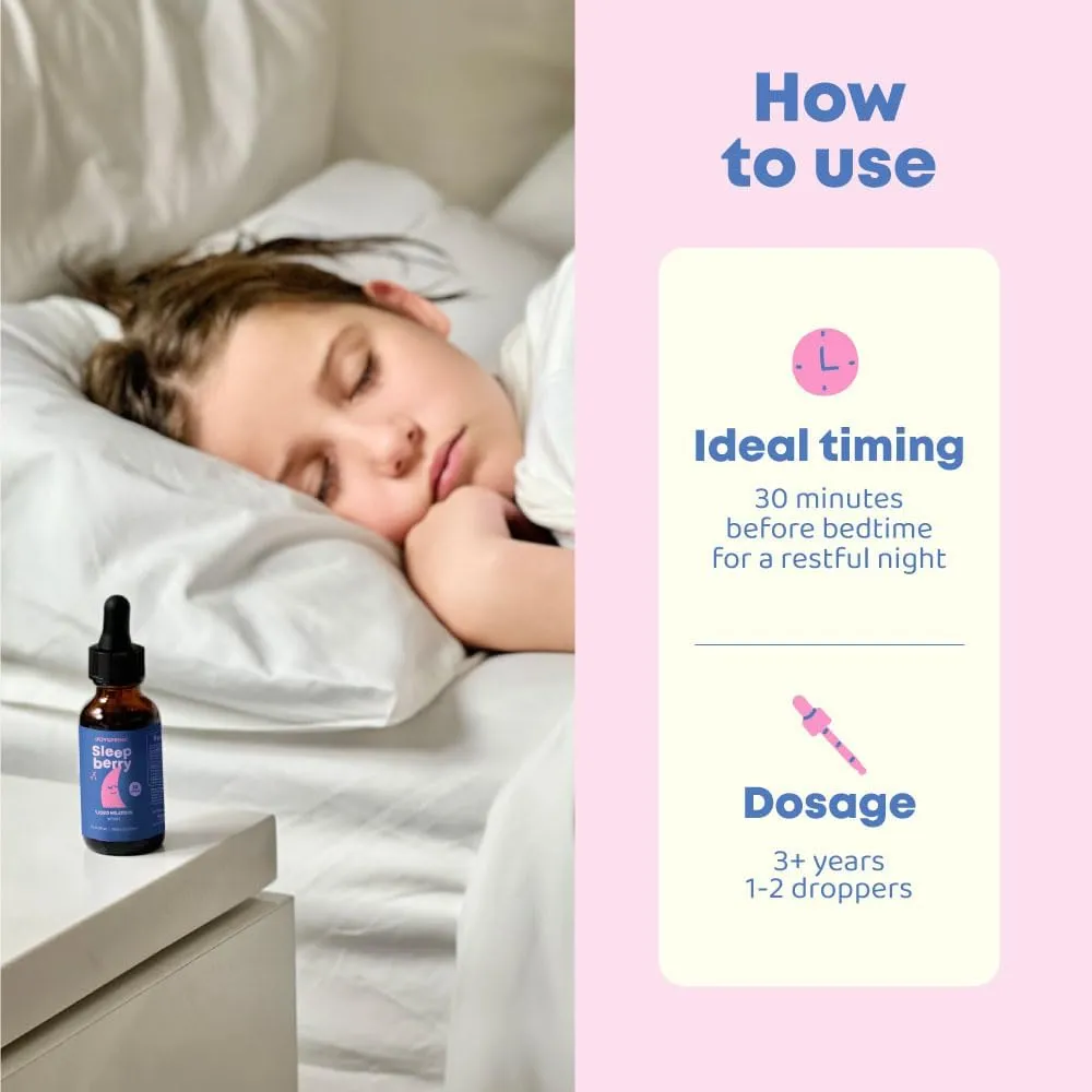 JoySpring Sleepberry Kids Melatonin 3 mg – Liquid Sleep Aid with L Theanine, High Absorption Berry Drops (2 fl oz) 60 Servings, Children's Melatonin with Vitamin D Kids Travel Essentials