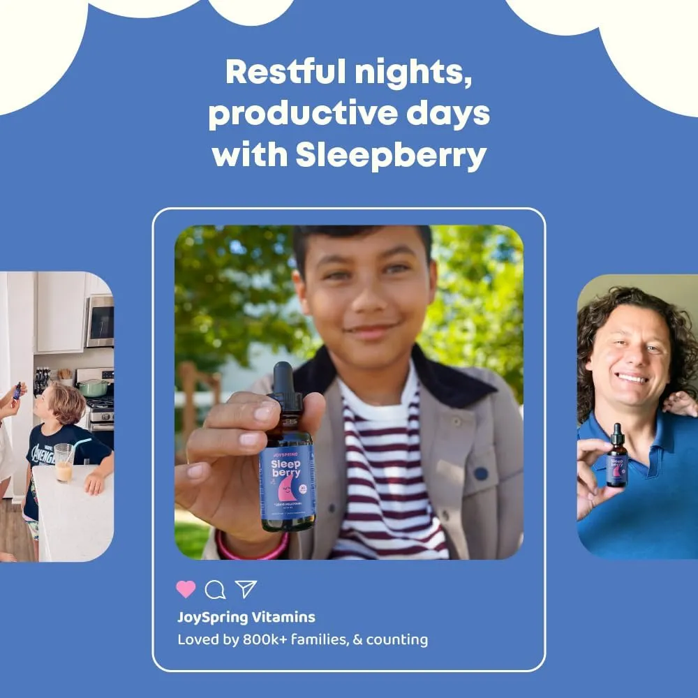 JoySpring Sleepberry Kids Melatonin 3 mg – Liquid Sleep Aid with L Theanine, High Absorption Berry Drops (2 fl oz) 60 Servings, Children's Melatonin with Vitamin D Kids Travel Essentials