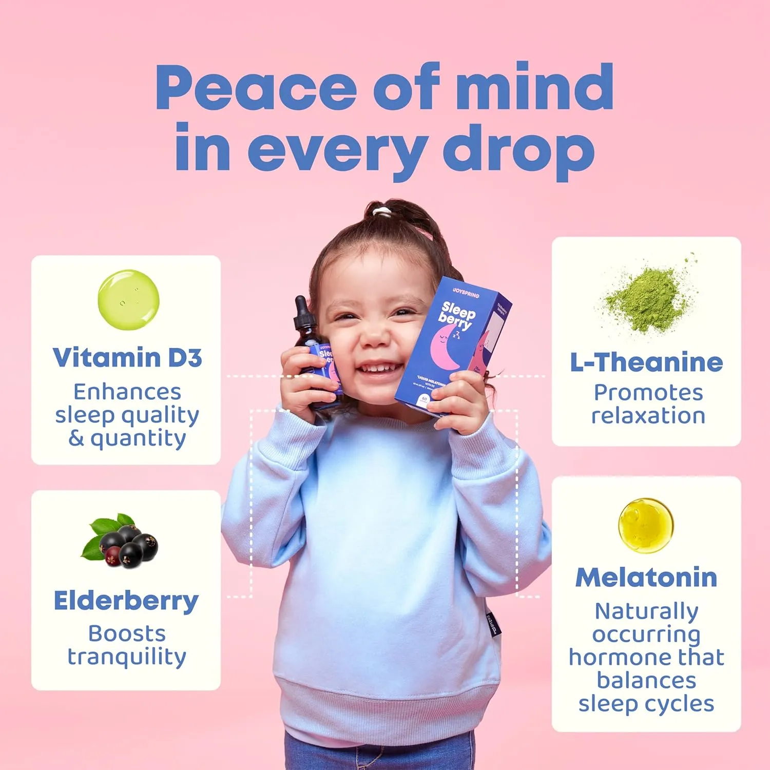 JoySpring Sleepberry Kids Melatonin 3 mg – Liquid Sleep Aid with L Theanine, High Absorption Berry Drops (2 fl oz) 60 Servings, Children's Melatonin with Vitamin D Kids Travel Essentials