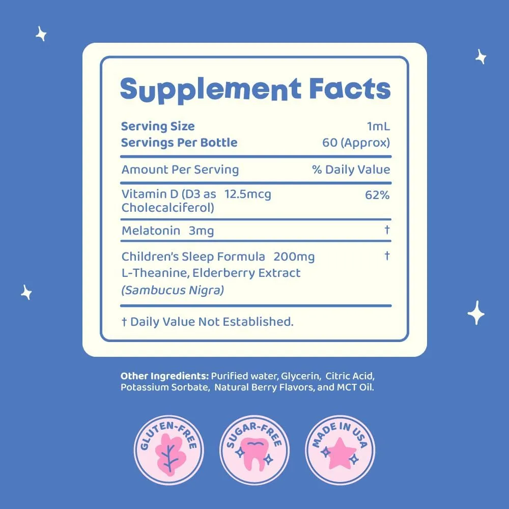 JoySpring Sleepberry Kids Melatonin 3 mg – Liquid Sleep Aid with L Theanine, High Absorption Berry Drops (2 fl oz) 60 Servings, Children's Melatonin with Vitamin D Kids Travel Essentials