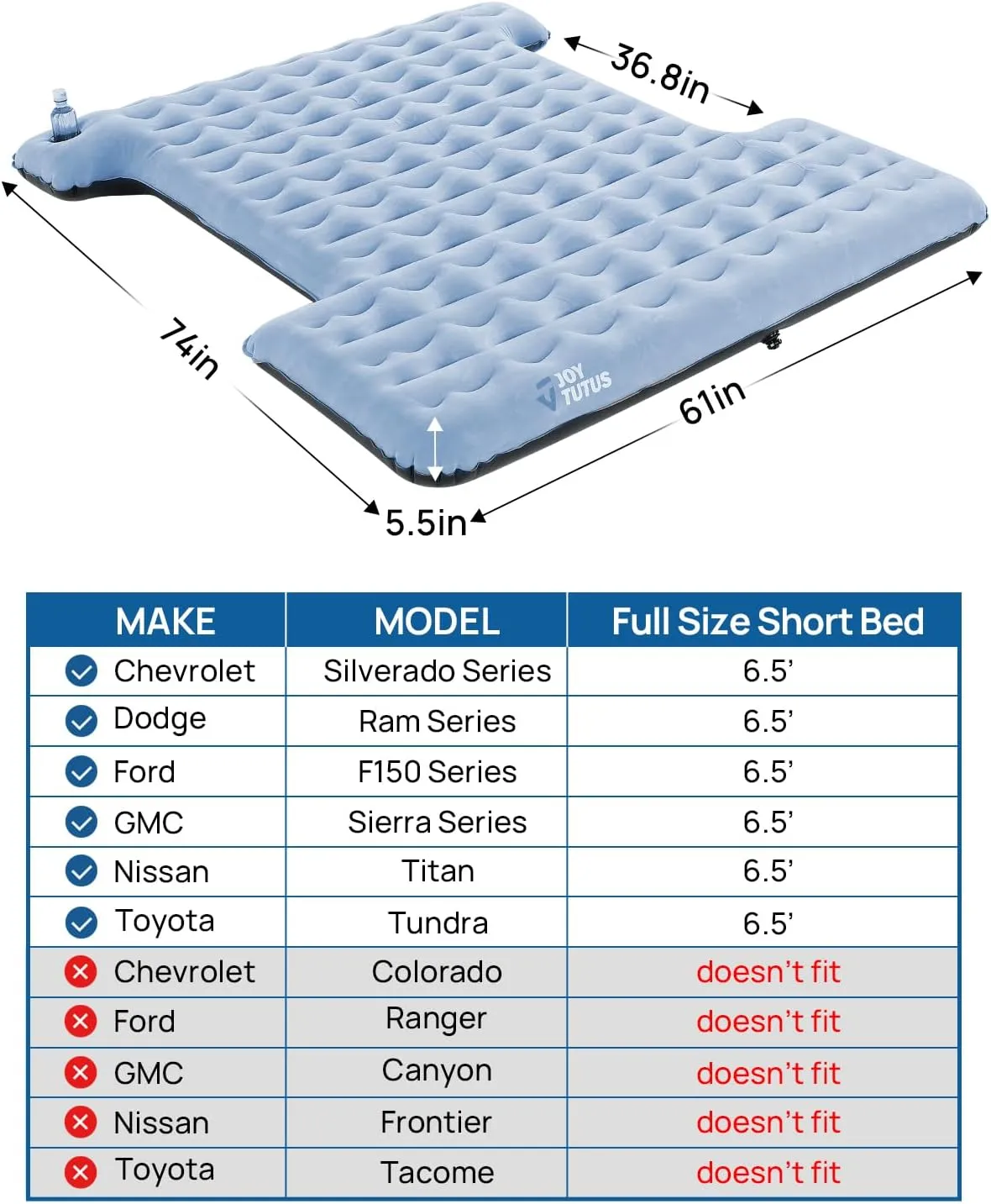 JOYTUTUS Upgraded Light Version Truck Bed Air Mattress for Camping, Thicken Inflatable Mattress for 6.4-6.7Ft Full Size Regular Bed,with Built-in Cup Holder&2 Inflatable Pillow,Grey Blue