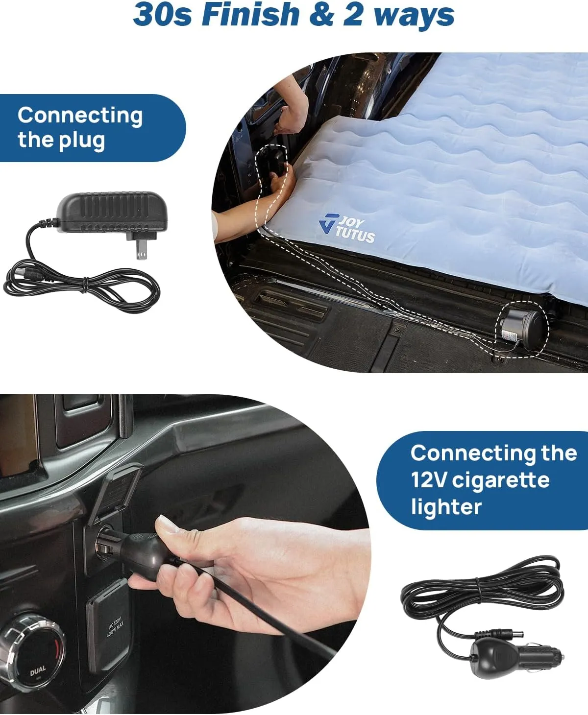 JOYTUTUS Upgraded Light Version Truck Bed Air Mattress for Camping, Thicken Inflatable Mattress for 6.4-6.7Ft Full Size Regular Bed,with Built-in Cup Holder&2 Inflatable Pillow,Grey Blue