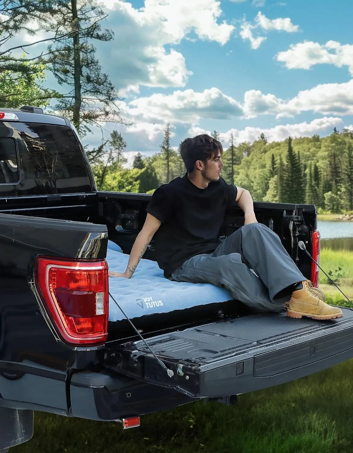 JOYTUTUS Upgraded Light Version Truck Bed Air Mattress for Camping, Thicken Inflatable Mattress for 6.4-6.7Ft Full Size Regular Bed,with Built-in Cup Holder&2 Inflatable Pillow,Grey Blue