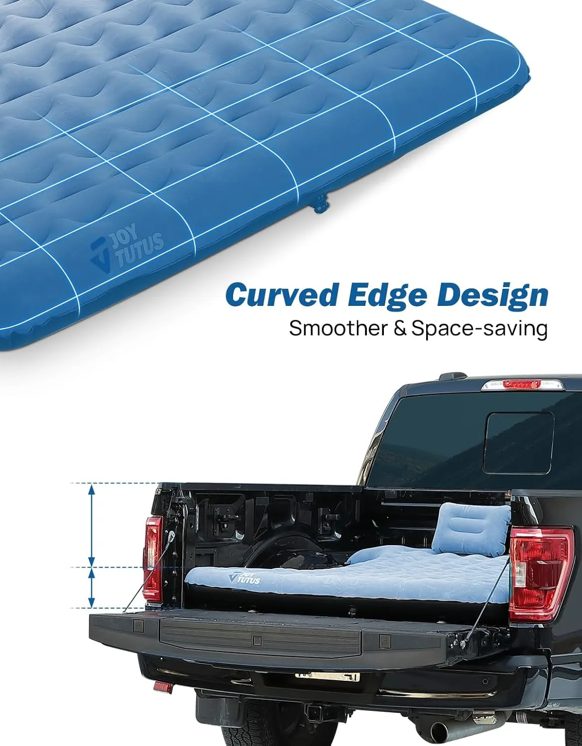 JOYTUTUS Upgraded Light Version Truck Bed Air Mattress for Camping, Thicken Inflatable Mattress for 6.4-6.7Ft Full Size Regular Bed,with Built-in Cup Holder&2 Inflatable Pillow,Grey Blue