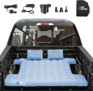 JOYTUTUS Upgraded Light Version Truck Bed Air Mattress for Camping, Thicken Inflatable Mattress for 6.4-6.7Ft Full Size Regular Bed,with Built-in Cup Holder&2 Inflatable Pillow,Grey Blue