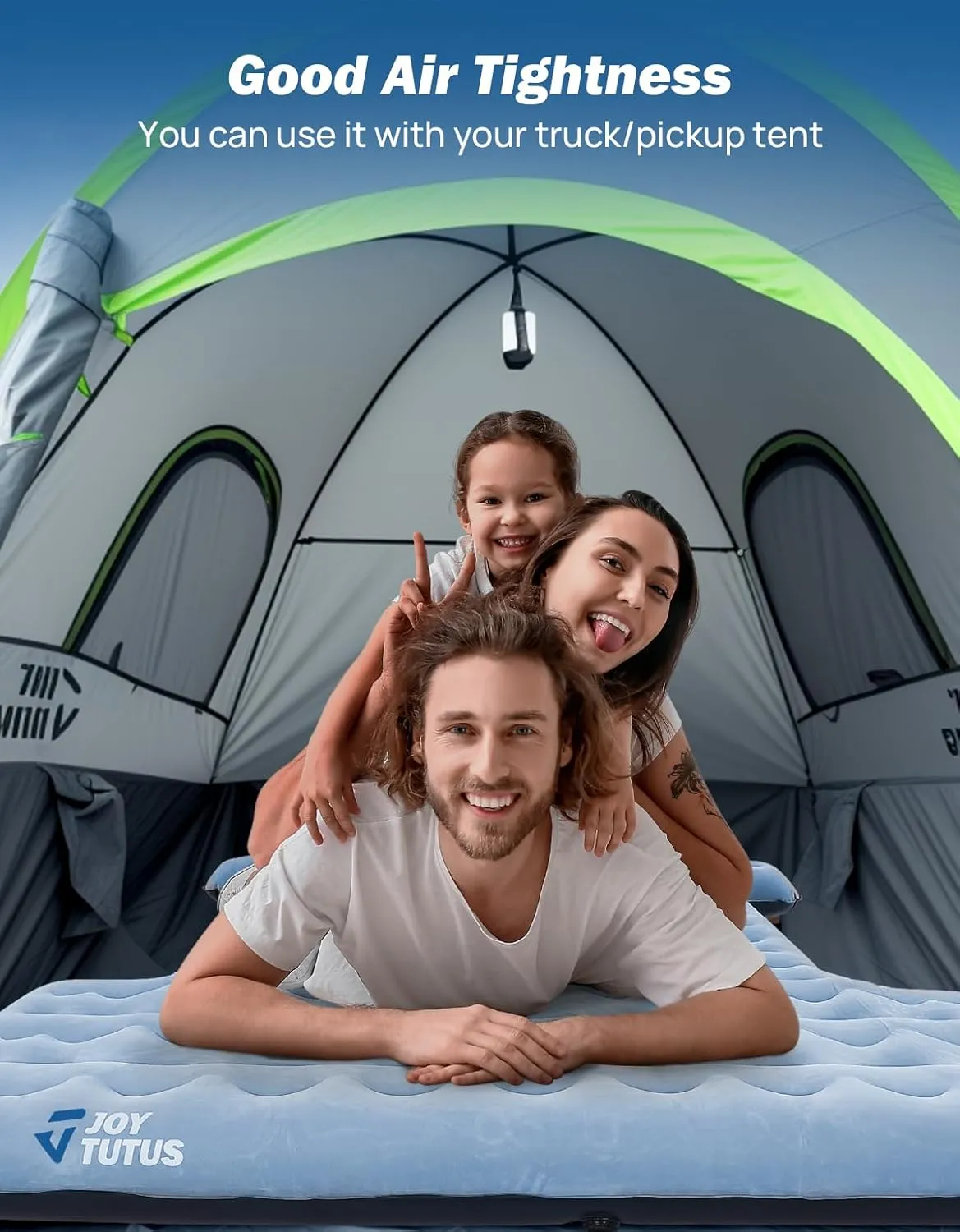 JOYTUTUS Upgraded Light Version Truck Bed Air Mattress for Camping, Thicken Inflatable Mattress for 6.4-6.7Ft Full Size Regular Bed,with Built-in Cup Holder&2 Inflatable Pillow,Grey Blue