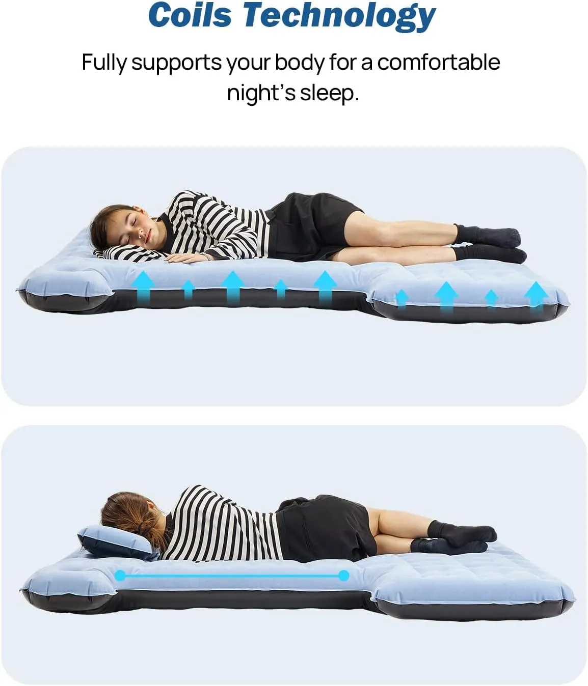 JOYTUTUS Upgraded Light Version Truck Bed Air Mattress for Camping, Thicken Inflatable Mattress for 6.4-6.7Ft Full Size Regular Bed,with Built-in Cup Holder&2 Inflatable Pillow,Grey Blue
