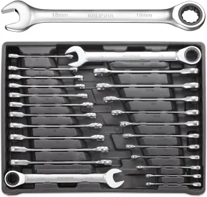 kboisha 24-Piece Ratchet Wrench Set, 72-Tooth Ratcheting Combination Wrench Set with Metric & SAE 8-19mm and 1/4" to 3/8" CR-V Standard Wrench Set with Organizer Box