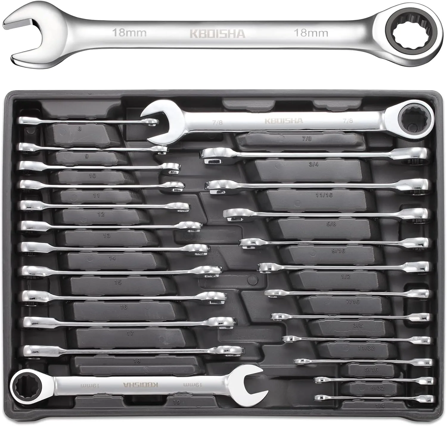 kboisha 24-Piece Ratchet Wrench Set, 72-Tooth Ratcheting Combination Wrench Set with Metric & SAE 8-19mm and 1/4" to 3/8" CR-V Standard Wrench Set with Organizer Box