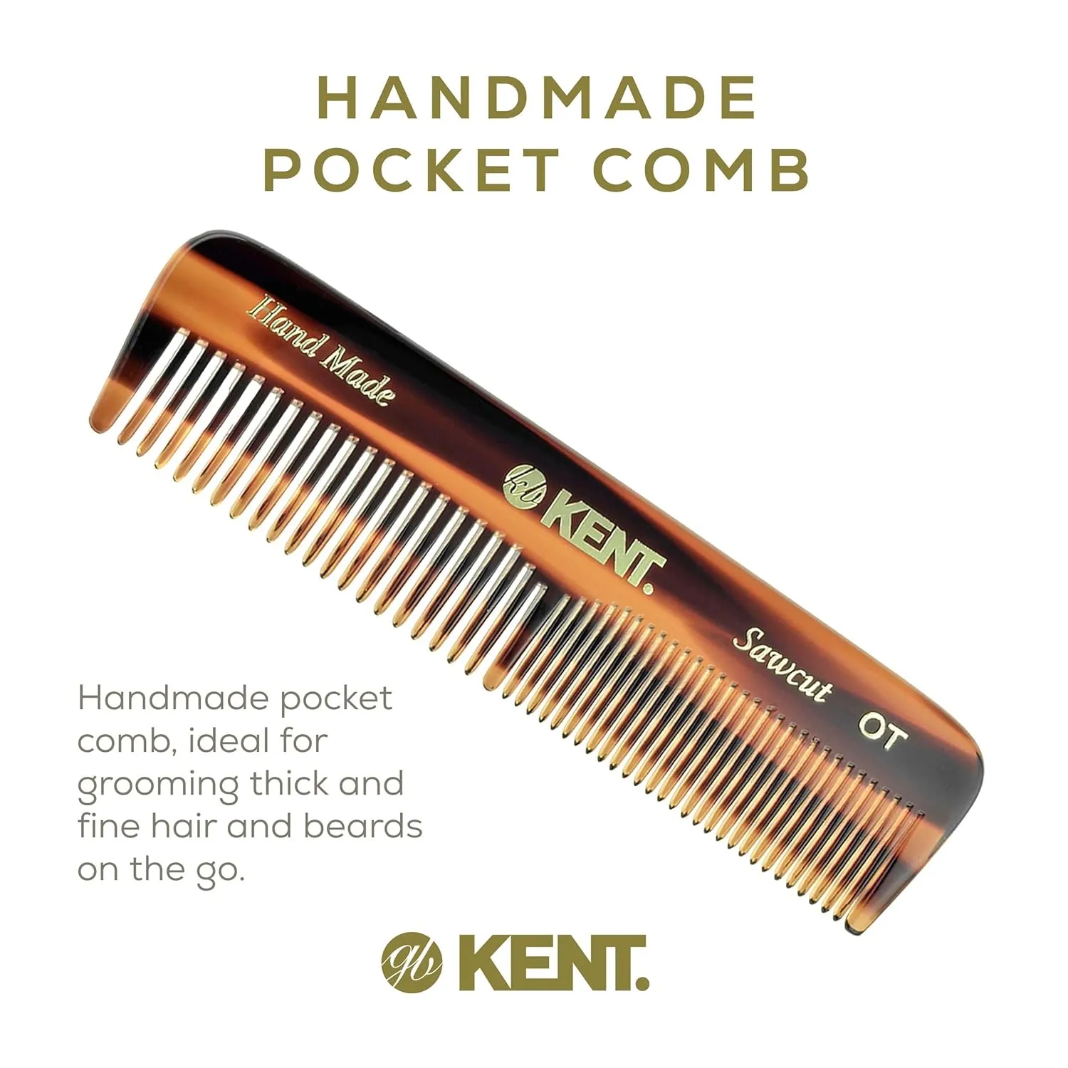 Kent OT Pocket Comb - Fine & Wide Tooth Handmade Hair Comb for Men, Travel, Beard & Mustache - Saw Cut & Hand Polished (4.4")
