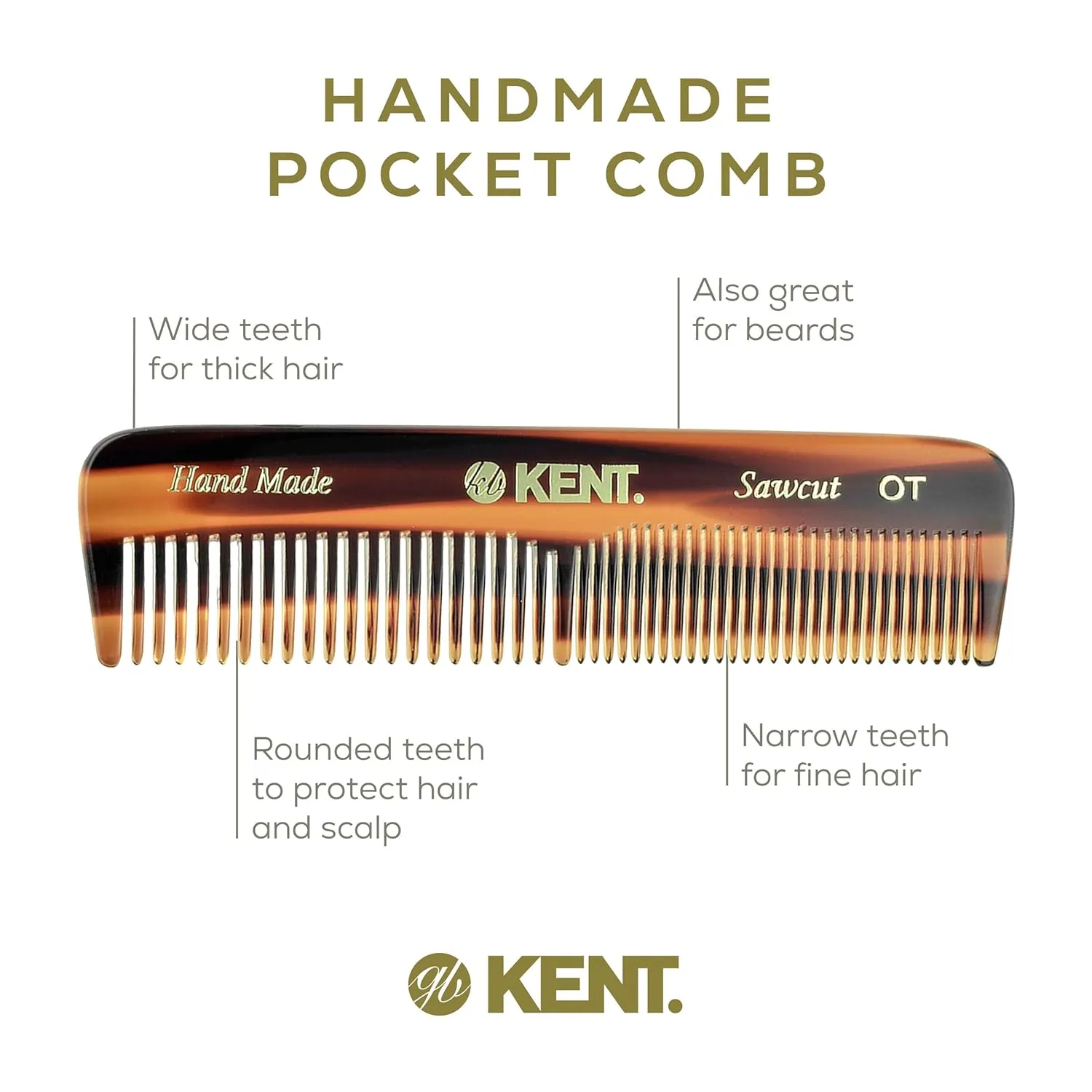 Kent OT Pocket Comb - Fine & Wide Tooth Handmade Hair Comb for Men, Travel, Beard & Mustache - Saw Cut & Hand Polished (4.4")