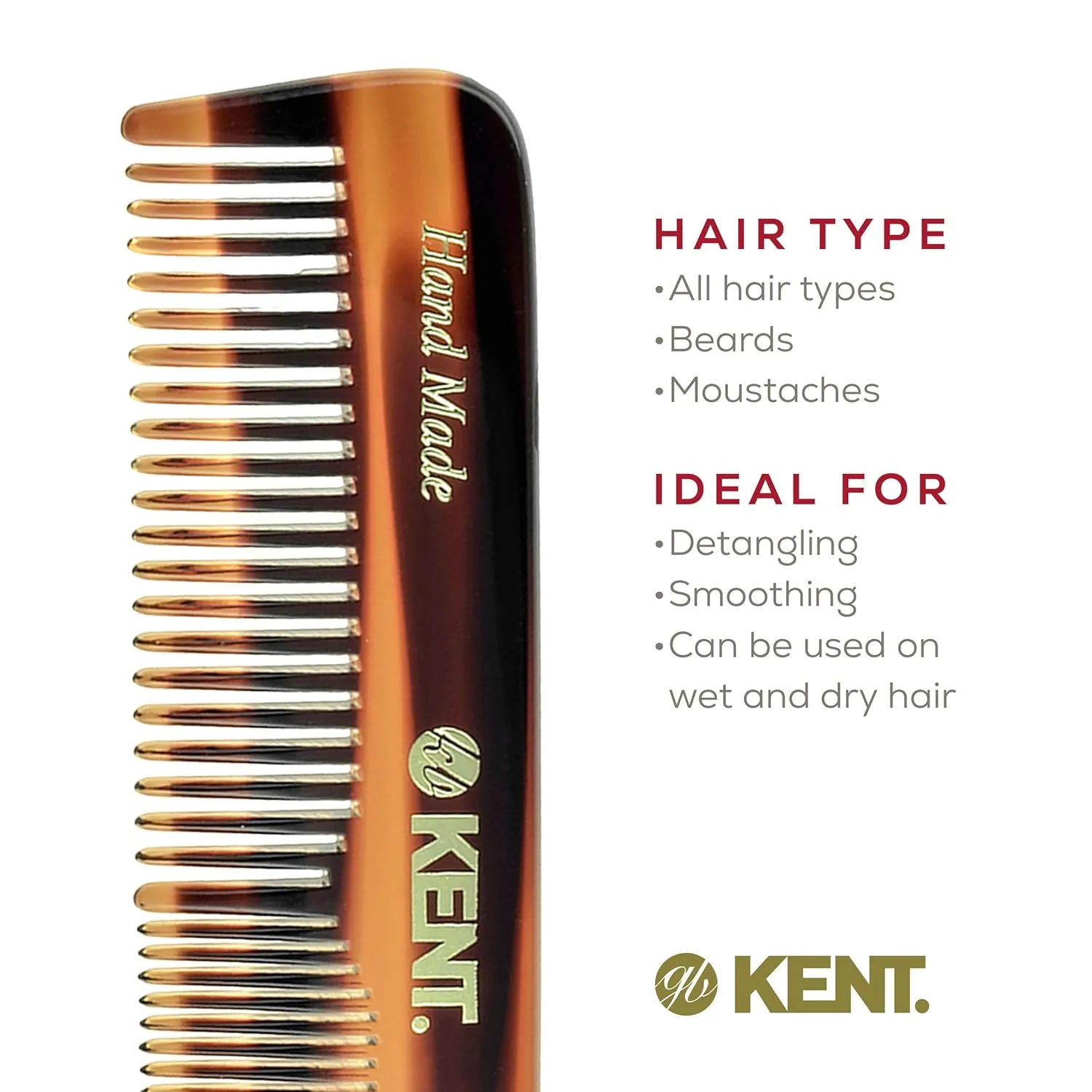 Kent OT Pocket Comb - Fine & Wide Tooth Handmade Hair Comb for Men, Travel, Beard & Mustache - Saw Cut & Hand Polished (4.4")