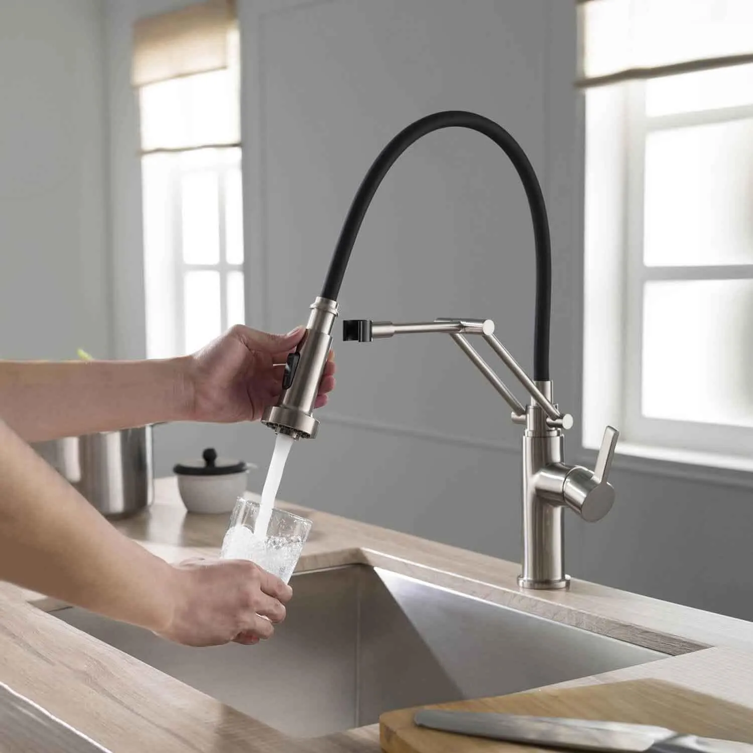 KIBI Engel Kitchen Faucet with Pull Down Sprayer | Single Handle High Arc Brass Spout | Durable and Easy-to-Use Pull Down Kitchen Sink Faucet | Brushed Nickel Finish, KKF2014