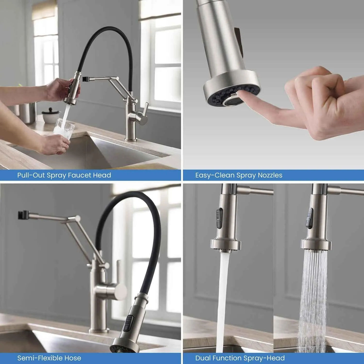 KIBI Engel Kitchen Faucet with Pull Down Sprayer | Single Handle High Arc Brass Spout | Durable and Easy-to-Use Pull Down Kitchen Sink Faucet | Brushed Nickel Finish, KKF2014