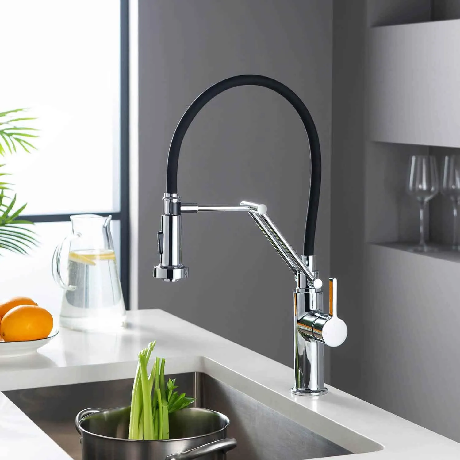 KIBI Engel Kitchen Faucet with Pull Down Sprayer | Single Handle High Arc Brass Spout | Durable and Easy-to-Use Pull Down Kitchen Sink Faucet | Chrome Finish, KKF2014