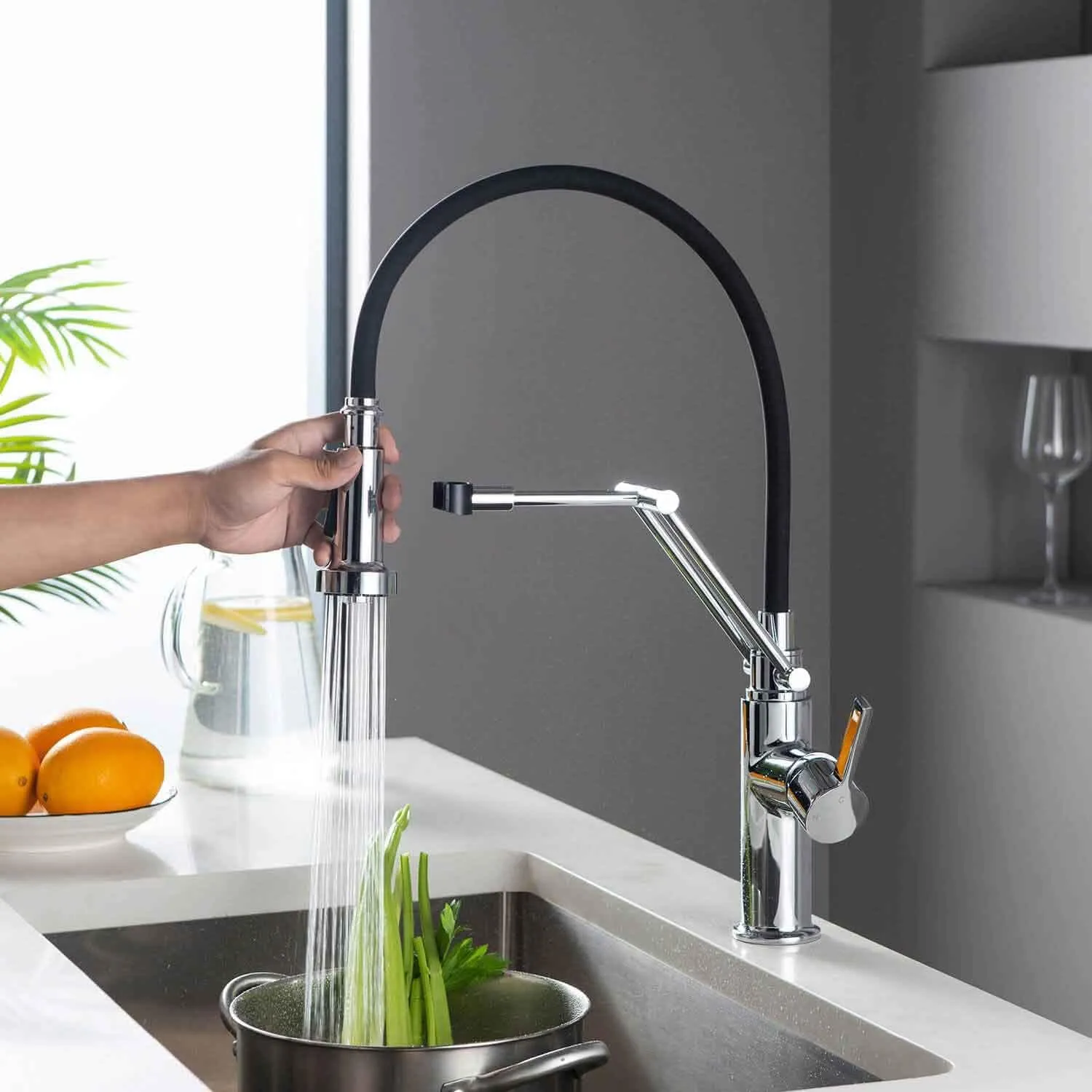 KIBI Engel Kitchen Faucet with Pull Down Sprayer | Single Handle High Arc Brass Spout | Durable and Easy-to-Use Pull Down Kitchen Sink Faucet | Chrome Finish, KKF2014
