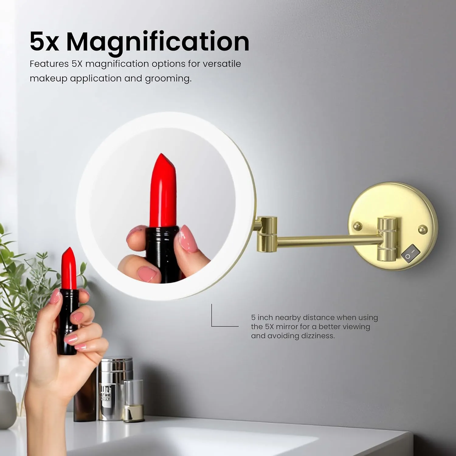 KIBI LED Wall Mount Makeup Mirror, 5X Magnification, One-Sided, Circular Lighted Mirror with Adjustable Arm | Magnifying Vanity Mirror with Light for Bathroom or Bedroom (Brushed Gold, KMM102)