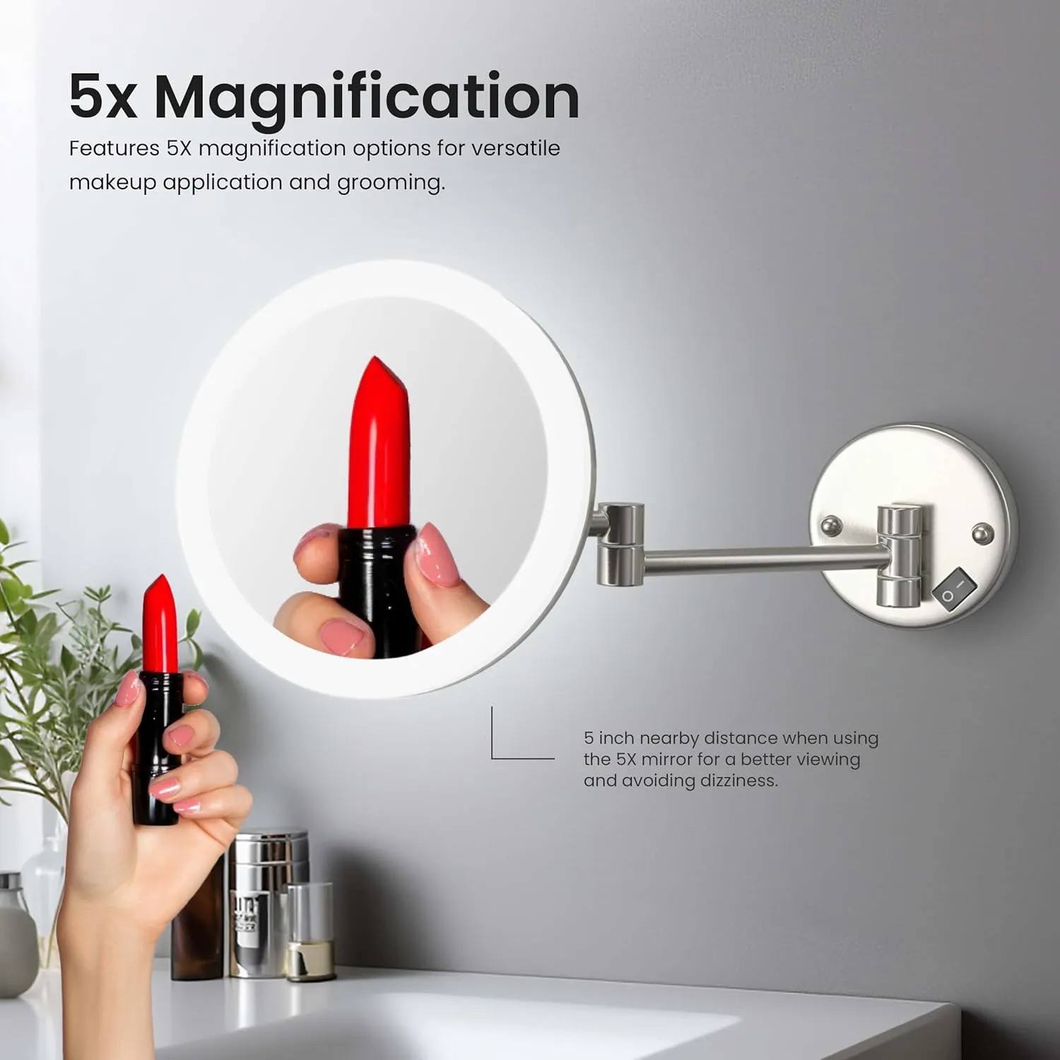 KIBI LED Wall Mount Makeup Mirror, 5X Magnification, One-Sided, Circular Lighted Mirror with Adjustable Arm | Magnifying Vanity Mirror with Light for Bathroom or Bedroom (Chrome, KMM102)