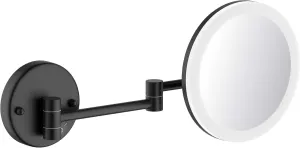 KIBI LED Wall Mount Makeup Mirror, 5X Magnification, One-Sided, Circular Lighted Mirror with Adjustable Arm | Magnifying Vanity Mirror with Light for Bathroom or Bedroom (Matte Black, KMM102)