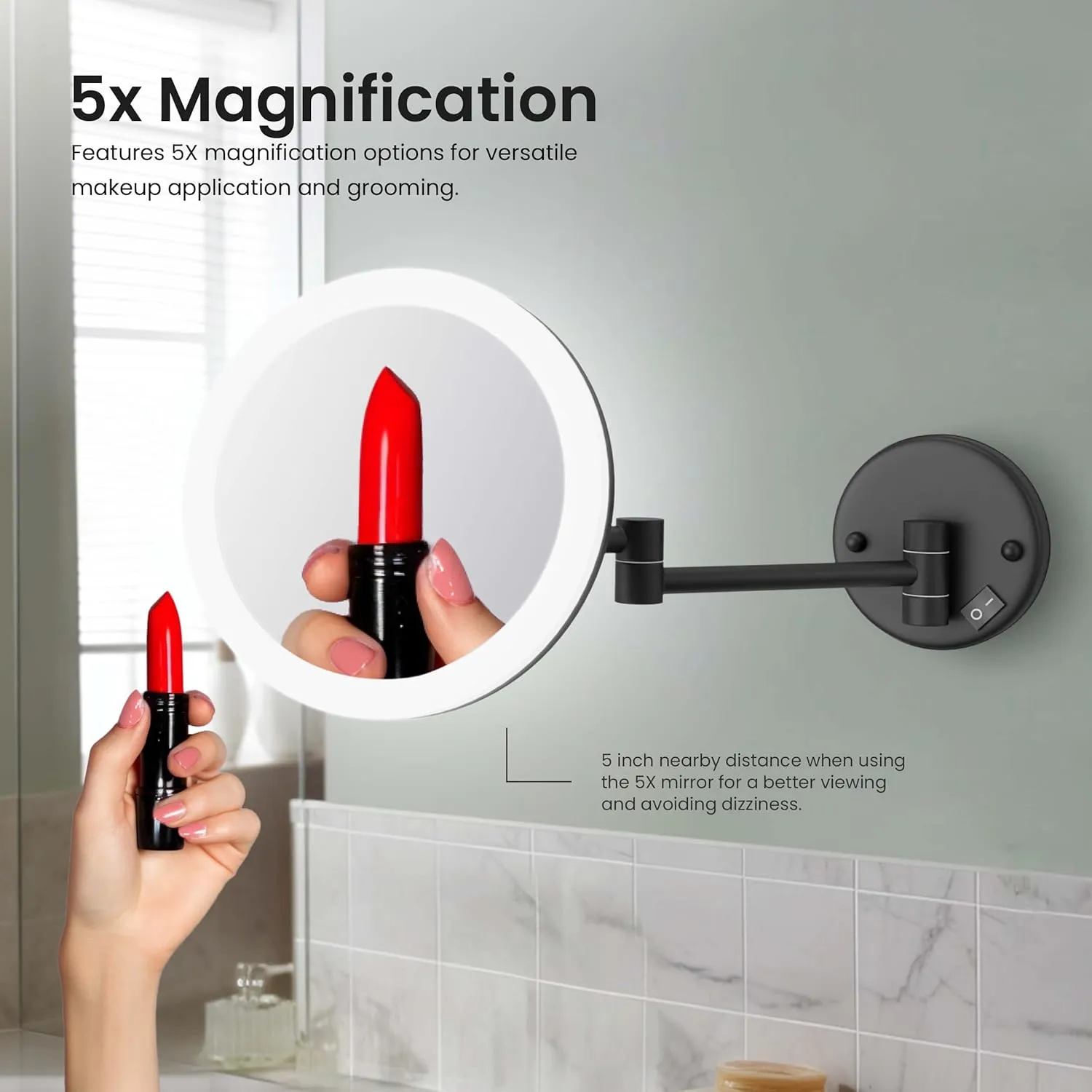 KIBI LED Wall Mount Makeup Mirror, 5X Magnification, One-Sided, Circular Lighted Mirror with Adjustable Arm | Magnifying Vanity Mirror with Light for Bathroom or Bedroom (Matte Black, KMM102)