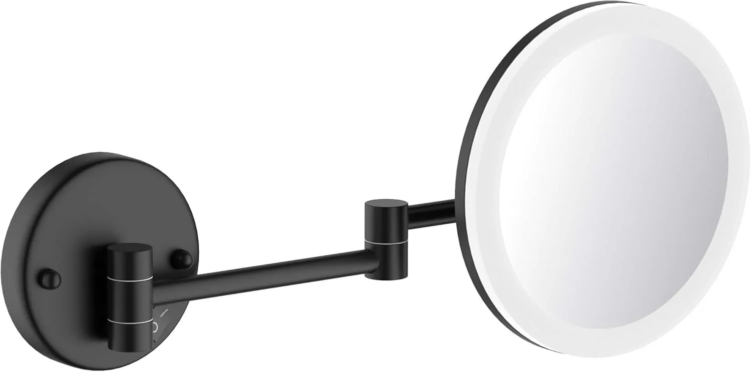 KIBI LED Wall Mount Makeup Mirror, 5X Magnification, One-Sided, Circular Lighted Mirror with Adjustable Arm | Magnifying Vanity Mirror with Light for Bathroom or Bedroom (Matte Black, KMM102)