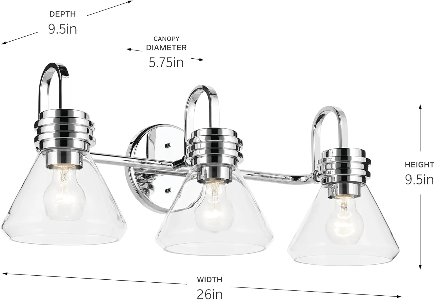 Kichler Farum 26" 3-Light Vanity Light with Clear Glass in Chrome, for Single or Double Vanity, Over a Mirror, Powder Room, Bathroom, (26" W x 9.5" H), 55155CHCLR