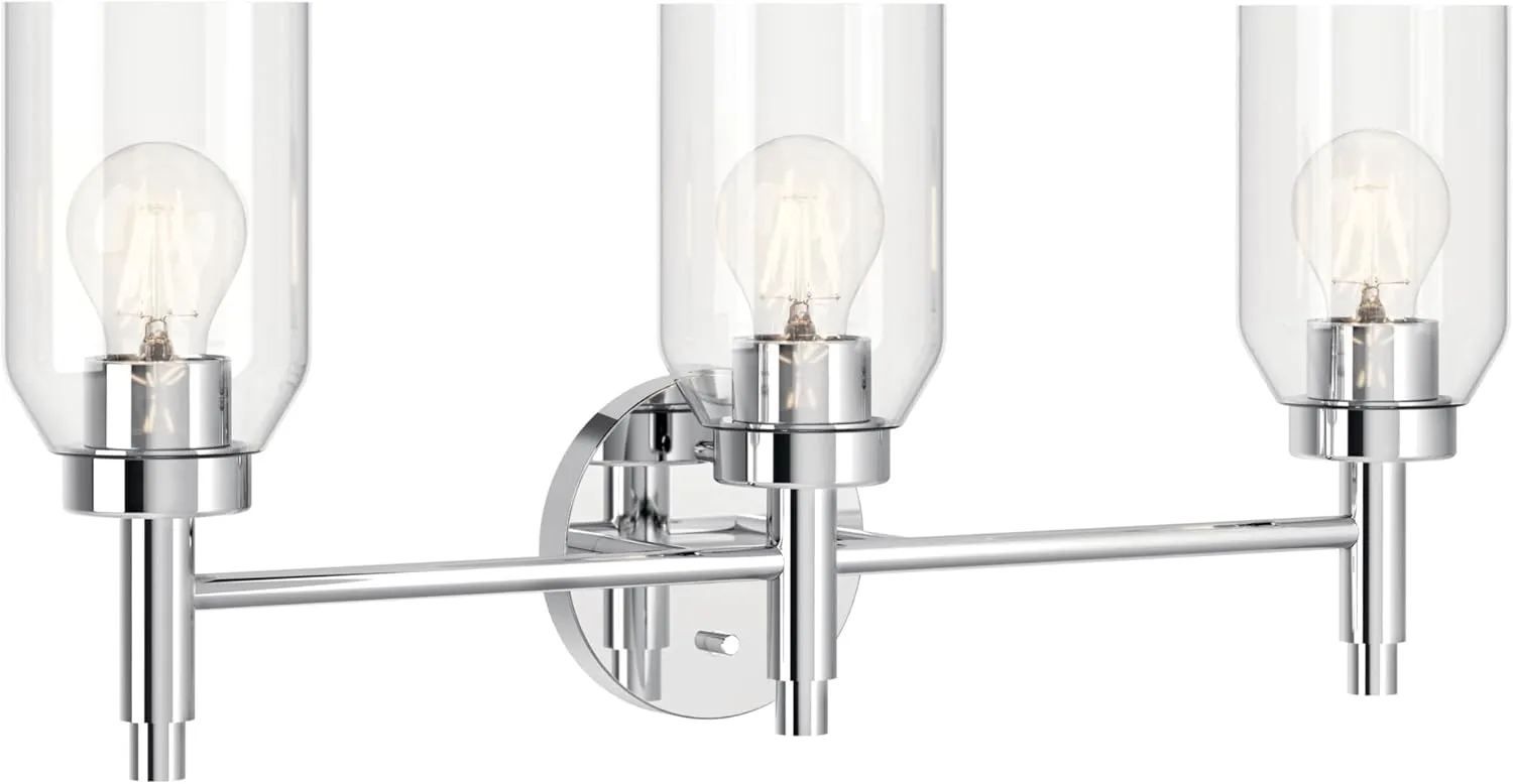 KICHLER Madden 3-Light Vanity with Clear Glass in Chrome, Sloped Ceiling Compatible, for Single Vanity in Bathroom (10.5" x 24"), 55185CH