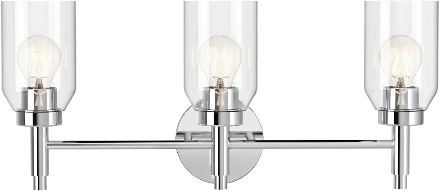 KICHLER Madden 3-Light Vanity with Clear Glass in Chrome, Sloped Ceiling Compatible, for Single Vanity in Bathroom (10.5" x 24"), 55185CH