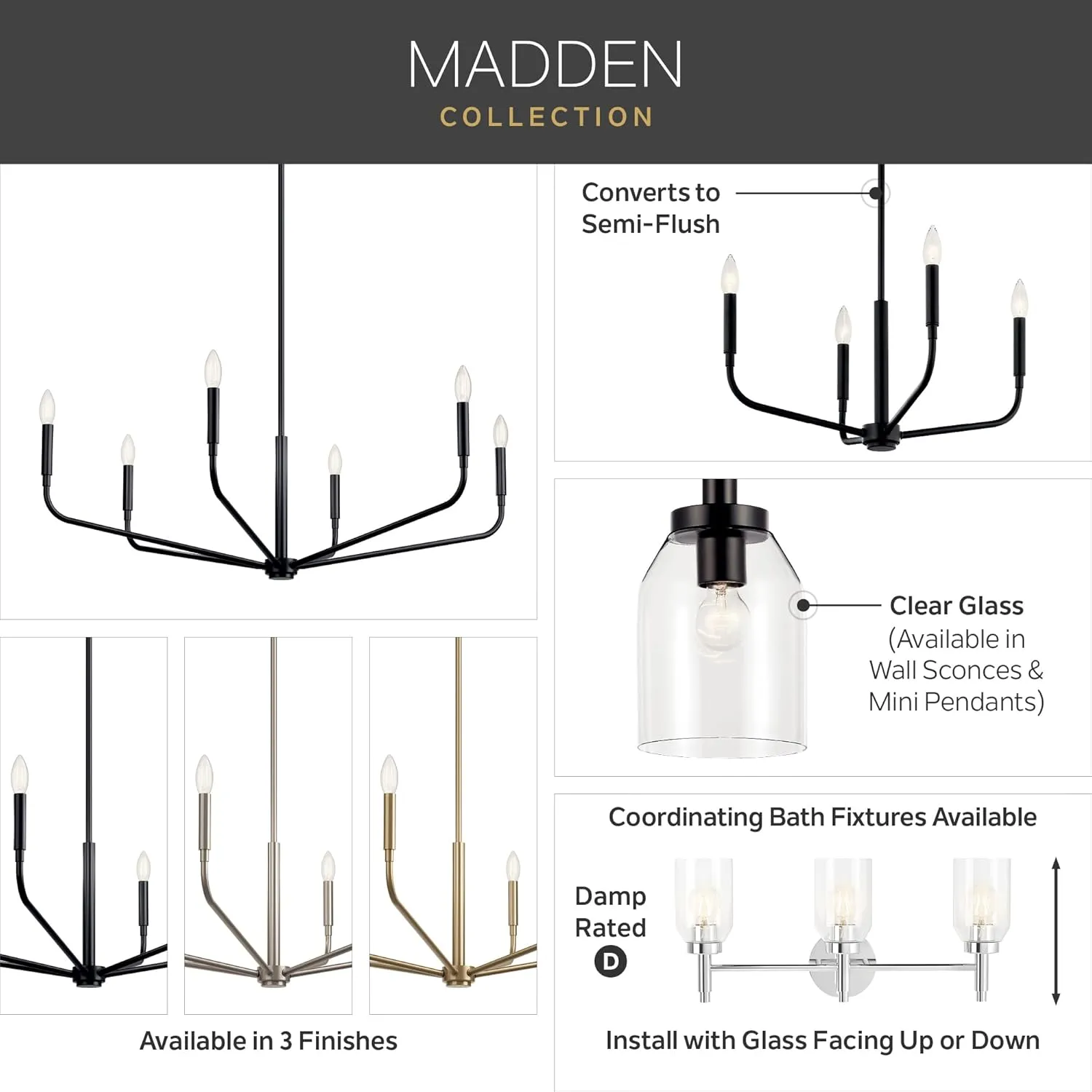 KICHLER Madden 3-Light Vanity with Clear Glass in Chrome, Sloped Ceiling Compatible, for Single Vanity in Bathroom (10.5" x 24"), 55185CH