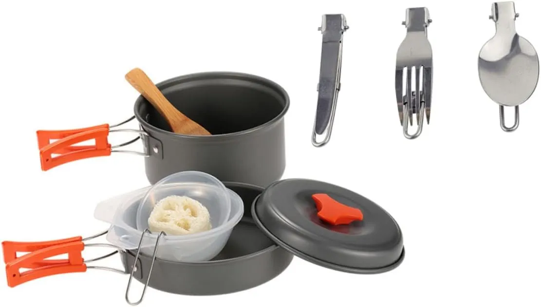 KICHOUSE Portable 1-2 Person Camping Hiking Kitchenware Set Picnic Cookware Camping Cooking Pot Outdoor Cooking Supplies