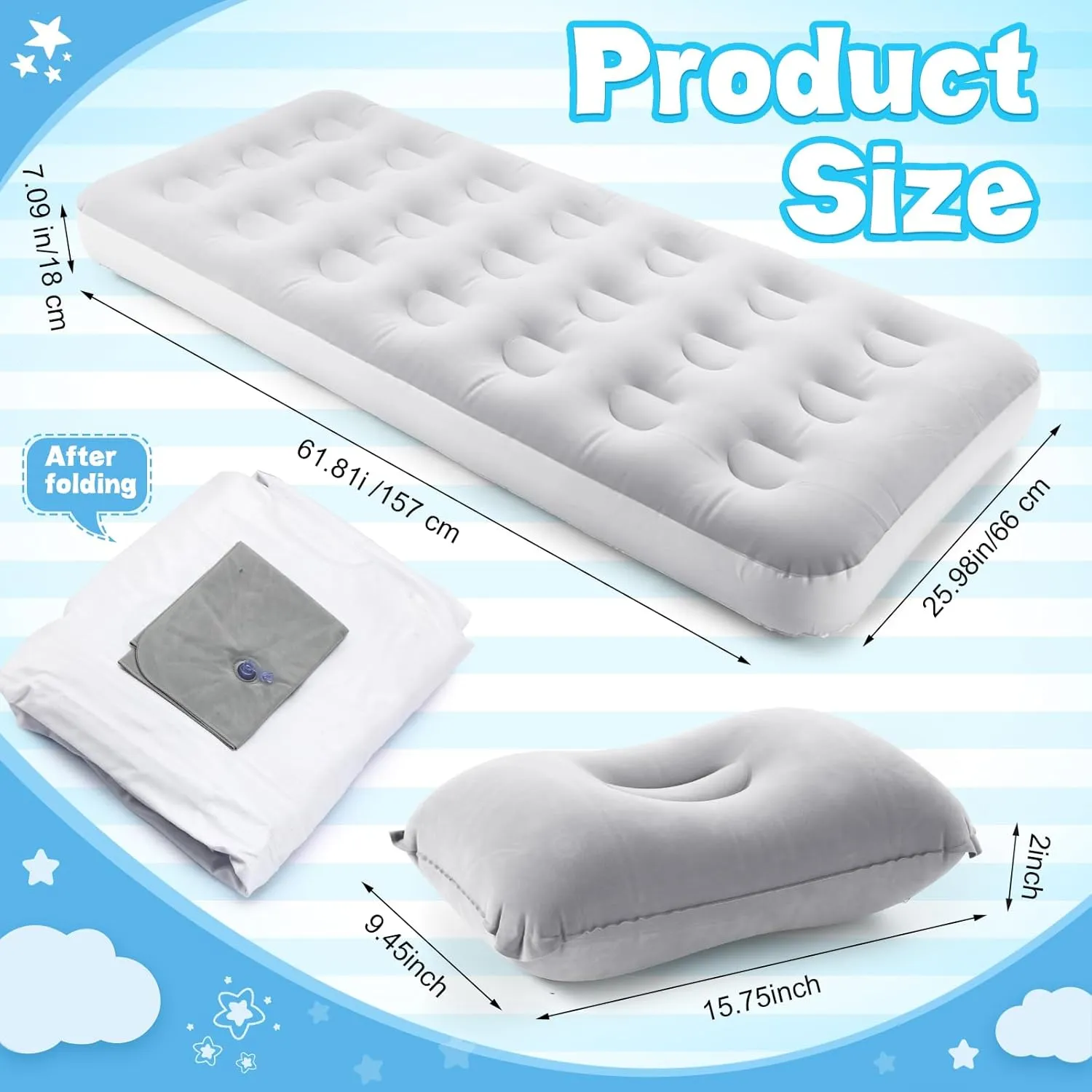 Kids Sleeping Pad for Camping Air Bed Flocked Surface with Inflatable Pillow Camping Air Mattress for Backpacking Travel Sleepover Outdoor Tent Guest(Gray)