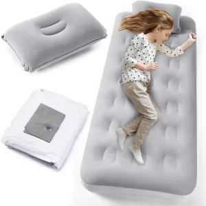Kids Sleeping Pad for Camping Air Bed Flocked Surface with Inflatable Pillow Camping Air Mattress for Backpacking Travel Sleepover Outdoor Tent Guest(Gray)