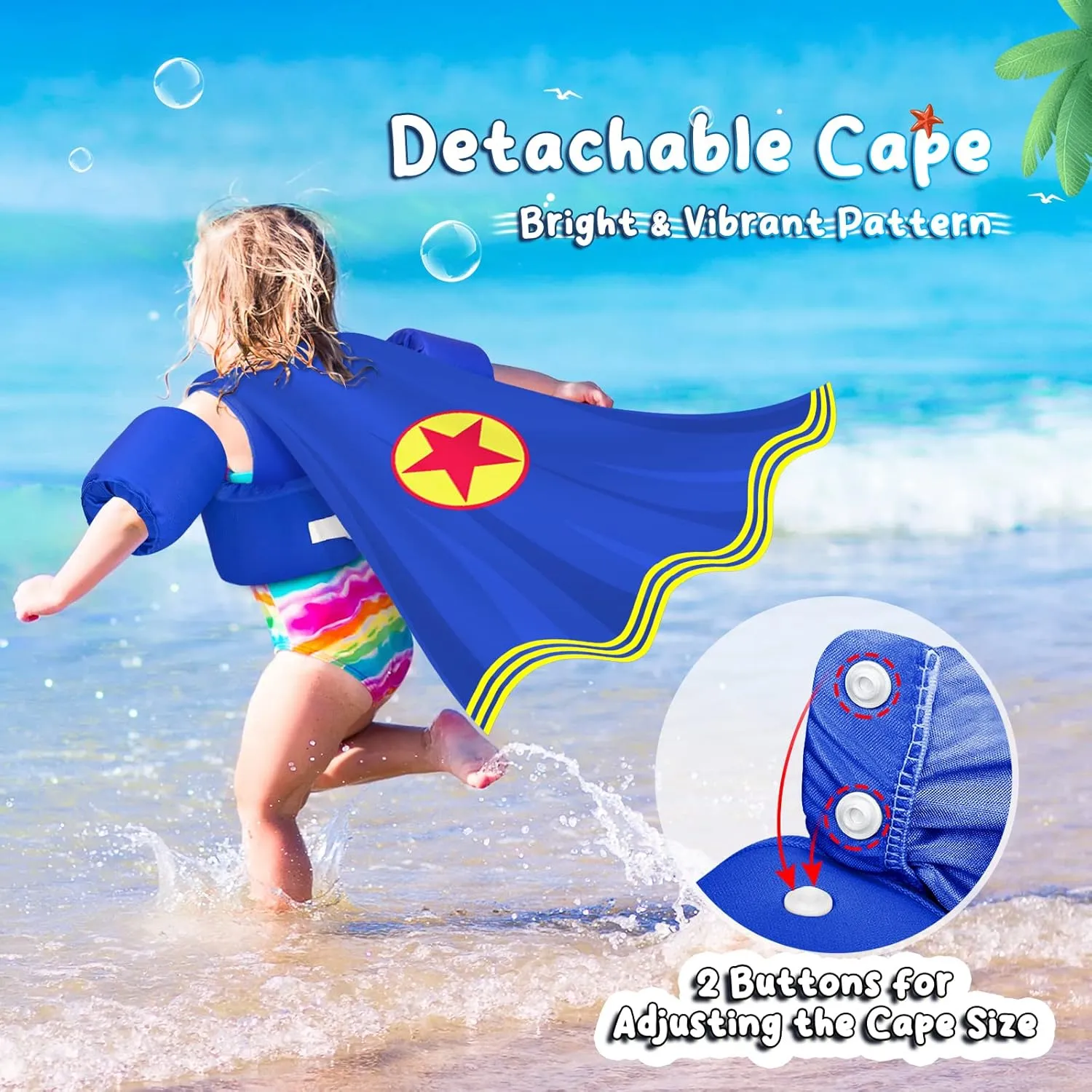 Kids Swim Vest with Cape, Water Wings Toddler Adjustable Shoulder Straps Children Arm Floaties for 22-30-40-50lbs Boys/Girls Swimming Jacket for Pool Learn to Swim Sea Beach Lake Training