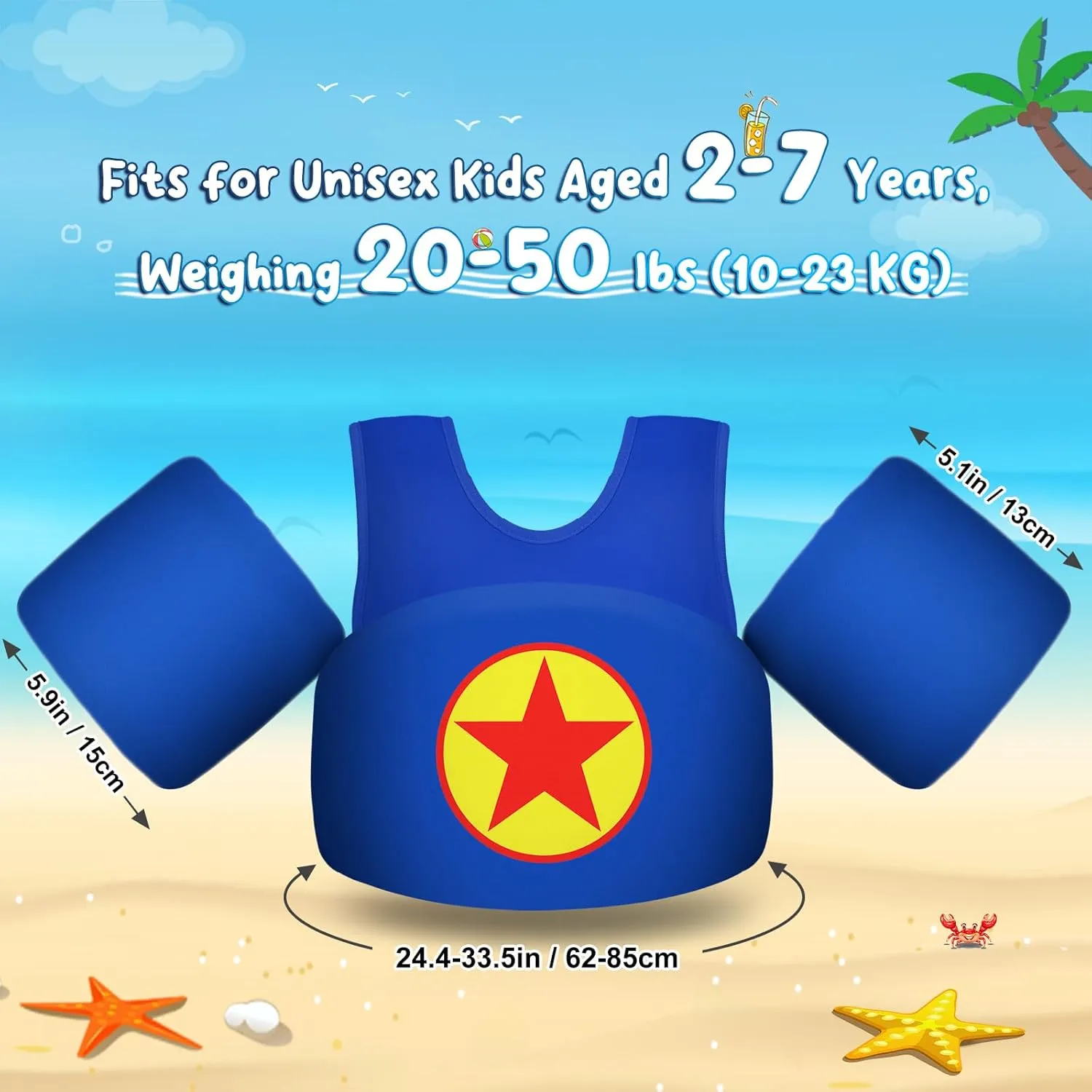 Kids Swim Vest with Cape, Water Wings Toddler Adjustable Shoulder Straps Children Arm Floaties for 22-30-40-50lbs Boys/Girls Swimming Jacket for Pool Learn to Swim Sea Beach Lake Training
